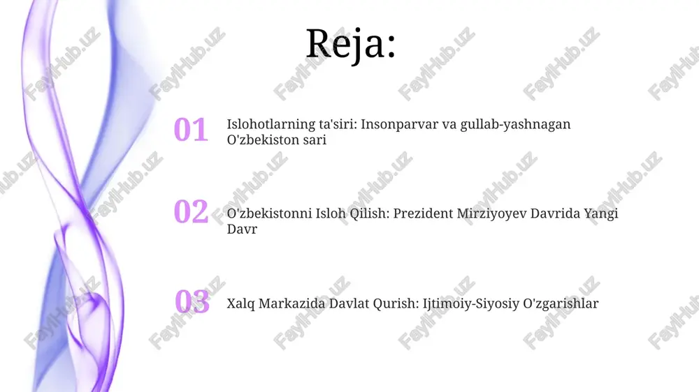 kratik jamiyatga o'tishni aks ettiradi. adolat va huquqni muhofaza qilish islohotlari: o'zbekiston sudlarning mustaqilligini, shaffofligini va huquqni muhofaza qilish organlarining javobgarligini oshirish maqsadida keng ko'lamli islohotlarni amalga oshirdi. ijtimoiy-siyosiy ahamiyati: bu islohotlar o'zbekistonning global mavqeyini mustahkamlab, adolat, inklyuziya va shaxsiy huquqlarga hurmatga asoslangan kuchli va barqaror jamiyat qurishga hissa qo'shadi. 2016-yildan beri amalga oshirilgan asosiy islohotlar inson huquqlari mustahkamlangan, mustaqil ommaviy axborot vositalari va erkin fikr bildirish. ijtimoiy adolatni targ'ib qilish, qashshoqlikni kamaytirish va inkluziv o'sishni rivojlantirish. iqtisodiy erkinlashtirish, huquqiy islohotlar va ijtimoiy himoya tarmog'ini kengaytirish. ta'lim va sog'liqni saqlash modernizatsiyasi ta'lim islohotlari sifat, kirish imkoniyati va innovatsiyalarga yo'naltirilgan. sog'liqni saqlashni modernizatsiyalash bemorga yo'naltirilgan g'amxo'rlik va ilg'or texnologiyalarga ustunlik beradi. islohotlar barcha fuqarolar farovonligini oshirish, adolatli va teng huquqli jamiyat qurishga qaratilgan. xalq markazli davlat qurish: kelajak yo'li ahamiyati adolatli va teng huquqli jamiyat yaratish, inson taraqqiyotini rag'batlantirish va o'zbekistonning jahondagi mavqeyini oshirishda. prezident mirziyoyev boshchiligida amalga oshirilayotgan islohotlar o'zbekistonda …