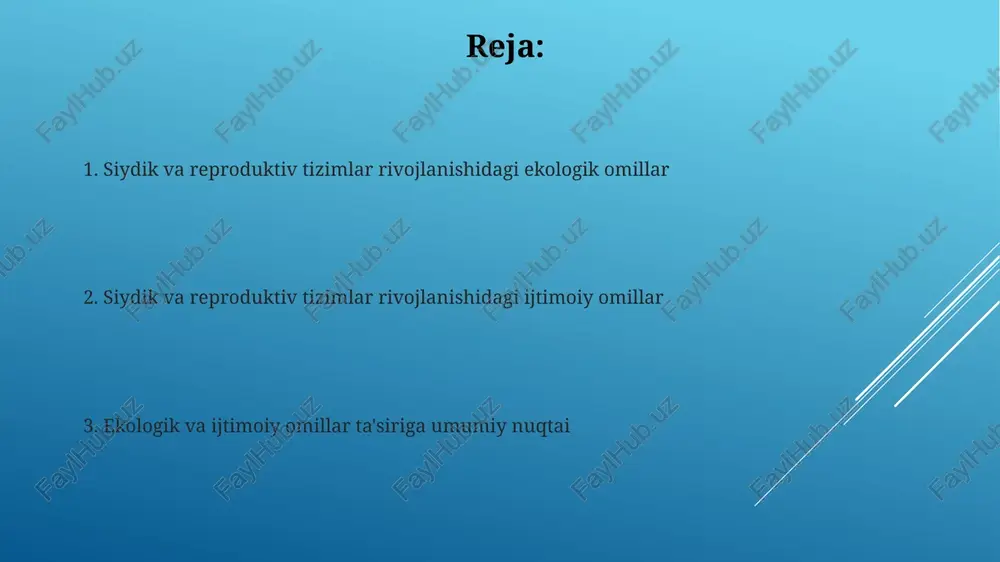 nish va siydik-tanosil tizimiga ta'siri havo ifloslanishi, ayniqsa, noorganik zarrachalar bilan, homiladorlik davrida tug'ma nuqsonlar xavfini 15% ga oshirib, siydik-tanosil tizimining rivojlanishini buzadi. og'ir metallar, masalan, qo'rg'oshin va simob kabi ifloslantiruvchi moddalar erkaklarda sperma sonining 25% ga kamayishiga va ayol organizmida reproduktiv tizimning faoliyatini buzishiga olib keladi. jinsiy etuklik va ekologik omillar jinsiy etuklikning boshlanish yoshi genetik omillarga bog'liq bo'lsa-da, 10-15% hollarda ekologik omillar, masalan, to'yimsiz ovqatlanish yoki ifloslangan suv, jinsiy rivojlanishni 6-12 oyga kechiktirishi mumkin. shahar aholisida yashovchi qizlarda qishloq joylarda yashovchilarga nisbatan jinsiy etuklik 2-3 yil oldinroq boshlanishi kuzatilgan bo'lib, bu omil stress darajasi va turmush tarzining farqi bilan bog'liq bo'lishi mumkin. stress va siydik-tanosil tizimi kasalliklari surunkali stress 30% gacha siydik yo'llari infektsiyasi xavfini oshirishi mumkin, bu esa yallig'lanish jarayonlarini va siydik chiqarish tizimining disfunksiyasini keltirib chiqaradi. ayollarda stress reproduktiv salomatlikka sezilarli ta'sir ko'rsatadi, ovulyatsiya siklini buzishi va homilador bo'lish ehtimolini 15% ga kamaytirishi mumkin. kelajak tadqiqotlari …