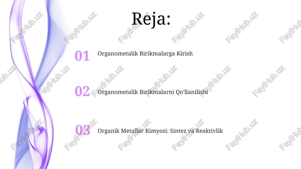 mass-spektrometriya. organik metall birikmalarni sintez qilish va reaksiyaviyligi, asosiy reaksiyalar va katalitik qo'llanmalarga e'tibor qaratilgan. organometalik birikmalarning tuzilishi va bog'lanishi, shu jumladan koordinatsion soni, geometriyasi va bog'lanish turlari. organometallik birikmalarning qo'llanilishi organometalik birikmalar: metall-uglerod bog'lanishini o'z ichiga olgan molekulalar, noyob reaktivlik va xususiyatlarni namoyon etadi. mustaqil ish rejasi: tadqiqot mavzusi, adabiyotlarni tahlil qilish, tajriba dizayni, ma'lumotlarni tahlil qilish va hisobot yozishni aniqlash. organometalik birikmalarni qo'llash: kataliz (masalan, polimerlash, organik sintez), materiallarshunoslik (masalan, oledlar, yarimo'tkazgichlar) va tibbiyot (masalan, saratonga qarshi vositalar). kirish kirish: organometalik kimyoning umumiy tavsifi, ta'riflar, tarixiy kontekst. organometalik birikmalar: bog'lanish, tuzilish, reaktivlik, tasniflash, misollar. mustaqil ish rejasi: mavzu tanlash, adabiyotlarni ko'rib chiqish, tajriba dizayni, ma'lumotlarni tahlil qilish, hisobot yozish. e'tiboringiz uchun rahmat @taqdimot_robot image1.jpeg image2.jpeg image3.jpeg