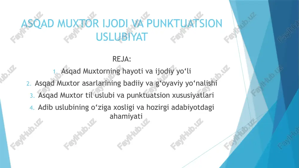 a shunday deydi: “o`ttiz yil davomida she`r haqida tinimsiz o`yladim. uning ifoda shakllari, vositalari, ruhi haqidagi fikrlarim juda ko`p marta o`zgardi: she`r turmush o`chog`idan olingan laxcha cho`g`, u hayotiy epizodga asoslangan bo`lishi kerak, deb, she`rning boshqa turlarini tan olmay ancha yil yurdim; she`r – yalt etgan oliy tuyg`u, zavq-shavq tug`yoni, uni faqat muzika janrlari bilan qiyos qilish mumkin”. davrdagi o`zgarishlar, zamonasining muammolari ham a.muxtor ijodida o`z aksini topdi. masalan, buni “tushlarim, bezovta tushlarim” she`rida yaqqol ko`rishimiz mumkin. asqad muxtorning serqirra ijodida voqelikni ramziy vositalar va timsollar orqali idrok etish usuli ham alohida o`rin tutadi. buni “maysa mavj urar”, “xazon”, “tovushlar”, “umr”, “bog`im”, “nihol”, “tong”, “o`zak”, “amu”, “boychechak” kabi she`rlar misolida ko`ramiz. asqad muxtorning 1946 yilda bekobodda bo`lgan ijodiy safari natijasida “po`lat shahri” ocherki, “po`lat quyuvchi” poemasi, “daryolar tutashgan joyda” povesti vujudga keldi. asqad muxtor qirqinchi yillarning ikkinchi yarmidan boshlab nasriy epik janrlarda kuch sinashga kirishgan edi. u 1950 yilda “po`lat …