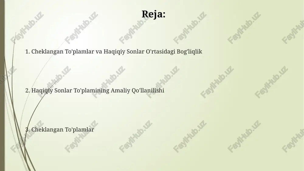nlar to'plamining zichligi tufayli, har qanday ikkita real son orasida cheksiz ko'p real son mavjud bo'lsa-da, ularning chekli qism to'plamlarini aniqlash va tahlil qilish mumkin. kompyuter fanida, real sonlarning chekli aniqlikdagi ifodalanishi hisoblash jarayonlarida chekli to'plamlar sifatida qo'llaniladi, bu esa hisoblash xatolariga olib kelishi mumkin. haqiqiy sonlar to'plamining amaliy qo'llanilishiga misollar haqiqiy sonlar to'plami, masalan, 2 o'lchovli koordinata sistemasida nuqtalarning holatini aniqlashda ishlatiladi, bu esa xaritalarni yaratish, kompyuter grafikasi va boshqa ko'plab sohalarda qo'llaniladi. moliyaviy modellashtirishda, 1000 dan ortiq o'zgaruvchilarni o'z ichiga olgan murakkab tenglamalar sistemalarini hal qilishda haqiqiy sonlarning aniqligi va kengligi muhim ahamiyat kasb etadi. fizikada, 3.14159 ga teng bo'lgan π (pi) soni kabi haqiqiy sonlar doira uzunligi, aylana yuzasi va boshqa ko'plab geometrik hisoblashlarda muhim rol o'ynaydi. chekli to'plamlar ta'rifi va xossalari cheklangan to'plamlar sonli elementlarga ega bo'lib, ularning kardinalligi (elementlar soni) aniq bir butun son bilan ifodalanadi, masalan, {1, 2, 3} to'plamining kardinalligi 3 ga teng. …
