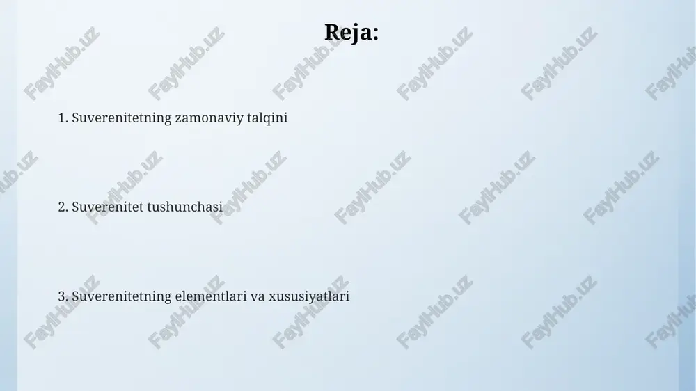 in. suverenitet tushunchasining mohiyati suverenitetning 3 ta muhim atributi – qonun chiqarish, ijro etuvchi va sud hokimiyatini o'z ichiga olgan davlatning oliy hokimiyatini ifodalaydi va bu hokimiyat hech qanday tashqi kuchga bog'liq emas. suverenitet, xalqaro huquq normalariga muvofiq, 190 ga yaqin mustaqil davlatlarning o'z hududida va tashqi siyosatda egalik qilish huquqini ta'minlaydi, bu esa xalqaro hamjamiyat tomonidan tan olingan. suverenitet davlatning o'z hududida oliy hokimiyatga ega bo'lishini, 2 ta asosiy element – ichki va tashqi suverenitetni o'z ichiga oladi, ya'ni ichki siyosatda mustaqillik va xalqaro munosabatlarda mustaqil siyosat yuritish huquqi. suverenitet va globalizatsiya suverenitetning ba'zi elementlari, masalan, valyuta siyosati yoki soliqqa tortish, 10 dan ortiq mamlakatlarning iqtisodiy integratsiyasi natijasida qisman cheklanishi mumkin. davlat suvereniteti globalizatsiya jarayonida 21-asrda milliy manfaatlarni himoya qilish va xalqaro hamjamiyat bilan o'zaro munosabatlarni muvozanatlashtirishda muhim ahamiyat kasb etadi. globalizatsiya sharoitida davlatlarning suvereniteti chegaralari xalqaro shartnomalar, tashkilotlar va global iqtisodiy tizimlar ta'siri ostida 30% ga qadar kamayishi …