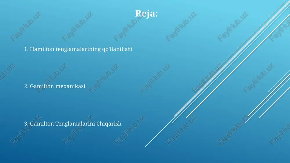 g umumiy chiziqli harakat miqdori o'zgarmas qoladi. burchak impulsining saqlanish qonuni: yopiq sistemaning umumiy burchak impulsi o'zgarmas qoladi. mayatnik hamilton tenglamalari tizimning evolyutsiyasini uning umumlashtirilgan koordinatalari va impulslar nuqtai nazaridan tasvirlaydi. mayatnik oddiy garmonik tebranuvchining klassik misolidir. mayatga qo'llanilganda, hamilton tenglamalari mayatnikning tanish sinussimon harakatini beradi. hamilton tenglamalarining qo'llanilishi hamilton tenglamalarini chiqarish: harakatning eng kichik prinsipiga ko'ra, jismoniy tizim tomonidan fazo va vaqt ichida ikki nuqta orasida olingan yo'l harakatni minimalizatsiya qiluvchi yo'ldir. gamilton tenglamalari: umumiy koordinatalar va impulslar nuqtai nazaridan fizik tizimning evolyutsiyasini tavsiflovchi tenglamalar to'plami. gamilton tenglamalarining qo'llanilishi: klassik mexanika, kvant mexanikasi, optika, osmon mexanikasi va suyuqlik dinamikasi. xulosa. gamilton tenglamalari murakkab tizimlarni tahlil qilish va kvant mexanikasi muammolarini o'rganishda juda foydali. hamilton tenglamalari klassik mexanikaning umumlashtirilgan koordinatalar va impulslarni ishlatadigan qayta shakllanishi hisoblanadi. ular tizimning evolyutsiyasini umumiy energiyasini ifodalovchi hamilton funktsiyasi nuqtai nazaridan tavsiflaydilar. gamilton tenglamalarining kvantlashuvi ushbu tenglamalar kvant holatlarining vaqt o'tishi bilan o'zgarishini boshqaradi va …
