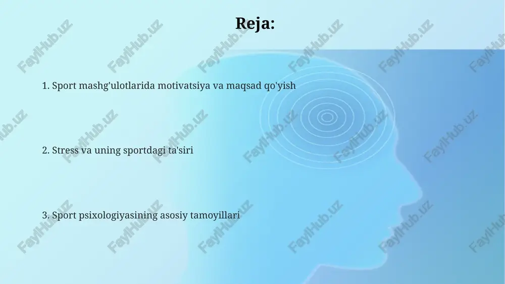 nish jarayonini sekinlashtiradi va keyinchalik sportga qaytish ehtimolini pasaytiradi. taxminan 15% sportchilarda jarohatdan keyin post-travma stress buzilishi (ptsd) belgilari kuzatiladi, bu esa professional faoliyatining to'xtashiga olib kelishi mumkin. jarohatdan keyingi og'riqni boshqarishda psixologik yondashuvlar, masalan, kognitiv xulq-atvor terapiyasi (kkt), samaradorlikni 20% ga oshirishi va og'riq darajasini pasaytirishi mumkin. o'ziga ishonch va o'zini o'zi boshqarish yuqori darajadagi sportchilarning 80% dan ortig'i o'ziga ishonch va o'zini o'zi boshqarishni maxsus mashqlar orqali rivojlantiradi, bu esa ularning bardoshliligi va ruhiy mustahkamligini oshiradi. o'zini o'zi boshqarishning 5 bosqichli modeli sportchilarga o'z his-tuyg'ularini va xatti-harakatlarini nazorat qilish, va konsentratsiyani oshirishga yordam beradi. o'ziga ishonch sportchining natijalariga 20% gacha ta'sir qilishi mumkin, bu esa maqsadlarga erishish va stressni boshqarishda muhim rol o'ynaydi. sport psixologiyasining asosiy tushunchalari sportchilarning 70% dan ortig'i sport faoliyatida ruhiy-hissiy holatining ahamiyatini tan oladi, biroq atigi 20% professional psixologik yordam oladi, bu samaradorlikni oshirishda katta potensialning ishlatilmaganligidan dalolat beradi. sport psixologiyasi 3 ta asosiy …