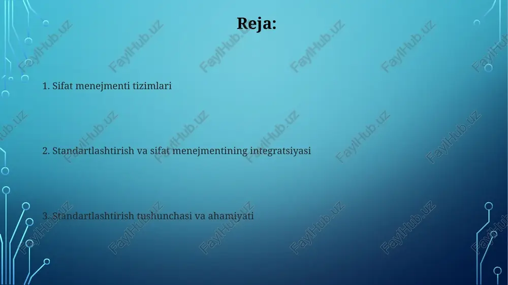 samaradorligini oshiradi. kelajakdagi istiqbollar sanoat 4.0 davrida ma’lumotlar tahlili va sun’iy intellekt texnologiyalari sifat menejmenti tizimlarini optimallashtirishda muhim rol o‘ynab, kamida 30% samaradorlik oshishiga olib keladi. kelajakda standartlashtirish iso 9001:2015 kabi xalqaro standartlarning keng qo‘llanilishi va raqamli texnologiyalar yordamida avtomatlashtirilgan nazorat tizimlarining joriy etilishi bilan yanada takomillashib boradi. xalqaro standartlar xalqaro standartlar mahsulotlar va xizmatlarning sifatini, xavfsizligini va ishonchliligini ta’minlashga yordam beradi, bu esa iste’molchilarning ishonchini oshiradi va bozordagi raqobatbardoshlikni kuchaytiradi. iso 14001 atrof-muhitni boshqarish tizimlari bo'yicha xalqaro standart hisoblanadi va atrof muhitga ta’sirni kamaytirish, energiya samaradorligini oshirish va chiqindilarni qayta ishlashga yo’naltirilgan 200 dan ortiq talabni o’z ichiga oladi. sifatni yaxshilash usullari iso 9001 standartiga muvofiq sifat menejmenti tizimini joriy etish, xatoliklar sonini 5-10% ga kamaytirish orqali mijozlar qoniqishini oshiradi. "kaizen" falsafasi kichik, doimiy yaxshilanishlar orqali umumiy sifatni 15-20% ga yaxshilashga yordam beradi, bu esa kam xarajatlar bilan katta natijalarga erishish imkonini beradi. sifat menejmentining ahamiyati iso 9001 kabi …