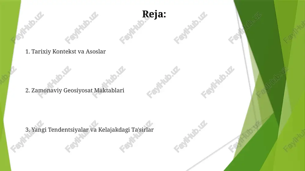 ing energiya diplomatiyasi yangi yo'nalish iqtisodiy integratsiya va strategik sheriklikka yo'naltirilgan. rossiya geosiyosiy ta'sir uchun energiya resurslaridan foydalanadi. an'anaviy "geosiyosiy maktab" xavfsizlik va nazoratni ustuvor deb biladi. "hokimiyat partiyasi" va geosiyosat "xokimiyat partiyasi" rossiyadagi hokimiyatni va nazoratni saqlab qolishni ustuvor deb biladigan siyosiy elita. rossiyaning geosiyosati uning keng hududi, boy tabiiy boyliklari va mojaro va kengayish bilan bog'liq tarixiy tajribalari bilan shakllantirilgan. rossiyada asosiy geosiyosiy maktablar: geo-iqtisodiy: iqtisodiy qudrat va integratsiyani ta'kidlaydi. geo-strategik: xavfsizlik va harbiy kuchga ustunlik beradi. geo-madaniy: rus identifikatsiyasi va ta'sirini targ'ib qiladi. global tendentsiyalarni rossiya geosiyosatiga ta'siri iqlimshunoslik o'zgarishlari, texnologik taraqqiyot va resurslarning kamligi kabi global tendensiyalar rossiyaning geosiyosiy strategiyasiga sezilarli ta'sir ko'rsatmoqda. "ko'p qutbli dunyo" va "yevroosiyo integratsiyasi" rossiya tashqi siyosatini shakllantiruvchi asosiy geosiyosiy maktablardır. rossiya jahon sahnasida o'z ta'sirini energiya resurslari, harbiy kuchi va madaniy aloqalarini ishlatib qayta tiklashga harakat qilmoqda. ichki siyosatning tashqi siyosatga ta'siri natoning kengayishi va g'arb sanksiyalari kabi geosiyosiy tendentsiyalar …