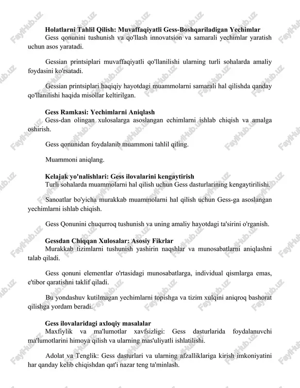 amaliy hayotdagi ta'sirini o'rganish. gessdan chiqqan xulosalar: asosiy fikrlar murakkab tizimlarni tushunish yashirin naqshlar va munosabatlarni aniqlashni talab qiladi. gess qonuni elementlar o'rtasidagi munosabatlarga, individual qismlarga emas, e'tibor qaratishni taklif qiladi. bu yondashuv kutilmagan yechimlarni topishga va tizim xulqini aniqroq bashorat qilishga yordam beradi. gess ilovalaridagi axloqiy masalalar maxfiylik va ma'lumotlar xavfsizligi: gess dasturlarida foydalanuvchi ma'lumotlarini himoya qilish va ularning mas'uliyatli ishlatilishi. adolat va tenglik: gess dasturlari va ularning afzalliklariga kirish imkoniyatini har qanday kelib chiqishdan qat'i nazar teng ta'minlash. shaffoflik va tushunarlilik: gess dasturlarining qanday ishlashi va qaror qabul qilish jarayonlari to'g'risida aniq va tushunarli ma'lumot berish. savol-javob: sizning savollaringizga javoblar ges qonunidan kelib chiqadigan xulosalarga asoslangan muammo hal qilish strategiyasi. ges qonuniga asoslangan tahlil doirasida savollarning javoblari. gess qonuniga asoslangan huquqiy yechimlar. xulosa gess qonuni muammolar qanday paydo bo'lishini va yechimlarni qanday topish mumkinligini tushunish uchun ramka beradi. bu qonunni qo'llash natijalar faqat oxirgi nuqta emas, balki keyingi …