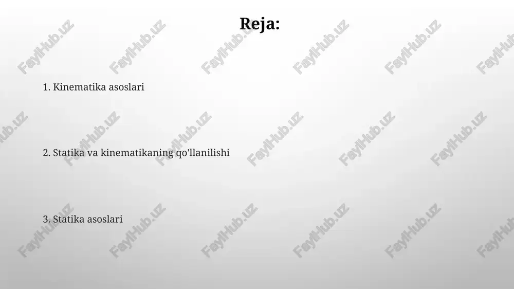 a rotatsion harakatlarning kombinatsiyasi hisoblanadi. masalan, g'ildirakning aylanishi va bir vaqtning o'zida yo'lda harakatlanishi – bu 2 turdagi harakatning birlashuvidir. harakatning 1-turi – translatsion harakat, bunda jismning barcha nuqtalari parallel traektoriyalar bo'ylab bir xil tezlik bilan harakatlanadi, masalan, pishtonning tekis siljishi. bu 1 o'lchovli yoki 3 o'lchovli bo'lishi mumkin. statika va kinematika ta'rifi statika jismlarning muvozanatini, ya'ni 0 tezlanish bilan harakatini yoki tinch holatini, kuchlarning ta'siri ostida o'rganadigan klassik mexanikaning bo'limi bo'lib, 3 ta asosiy tenglamani qo'llaydi. statika va kinematika bir-biri bilan chambarchas bog'liq bo'lib, dinamikani tushunish uchun zaruriy asos bo'lib xizmat qiladi; masalan, 1 n kuch ta'siri ostida jismlarning muvozanati va harakati o'rganiladi. amaliy misollar aylanma harakatni o’rganish uchun, 10 kg massali va 0.5 metr radiusli diskning burchak tezlanishini 20 nm moment ta’sir etganda, inersiya momentidan foydalanib topish mumkin. tekislikda harakatlanuvchi 3 kg massali jismning tezlanishini topish uchun, 5 n kuch ta’sir etganda, kinetika tenglamalaridan foydalaniladi va ishqalanish kuchi …
