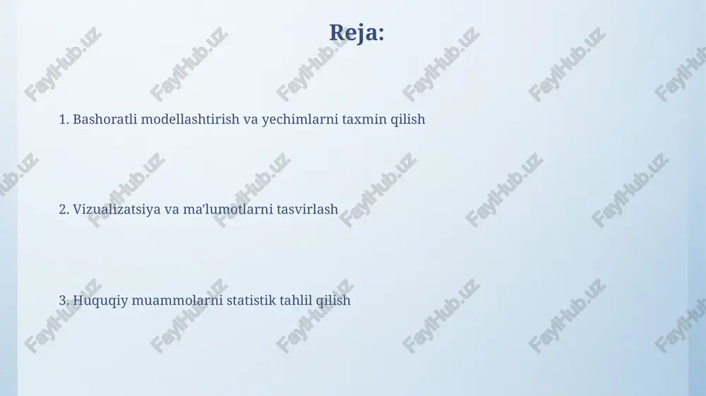 adi, bu modelning aniqligi va ishonchliligini tasdiqlaydi. olingan natijalar asosida, kelgusi 5 yil ichida o'xshash yuridik muammolar sonining 15% ga kamayishi prognoz qilinadi, bu esa samarali profilaktika choralari va modelning amaliy qo'llanilishini ko'rsatadi. neyron tarmoqlari neyron tarmoqlari murakkab huquqiy masalalarni tahlil qilishda 90% dan ortiq aniqlikka erishishi mumkin, bu esa sud qarorlarini bashorat qilishda katta yordam beradi. neyron tarmoqlarining arxitekturasi (masalan, cnn, rnn) turli xil huquqiy muammolarni hal qilishda turlicha natijalar beradi, shuning uchun muayyan vazifa uchun eng mos modelni tanlash muhim. korrelyatsion tahlil spearman va pearson kabi turli xil korrelyatsion tahlil usullari mavjud bo'lib, ular ma'lumotlarning turi va taqsimlanishiga qarab tanlanadi; masalan, tarqalishdagi nosimmetriklik darajasiga qarab. korrelyatsion tahlil ikki yoki undan ortiq o'zgaruvchilar o'rtasidagi bog'liqlikni aniqlash uchun ishlatiladi, masalan, sud jarayonining davomiyligi va sud xarajatlari o'rtasidagi korrelyatsiya koeffitsiyenti 0.8 bo'lishi mumkin. natijalarni talqin qilish o'rtacha xato (mae) yoki ildiz o'rtacha kvadrat xato (rmse) kabi metriklar yordamida modelning aniqligini son …