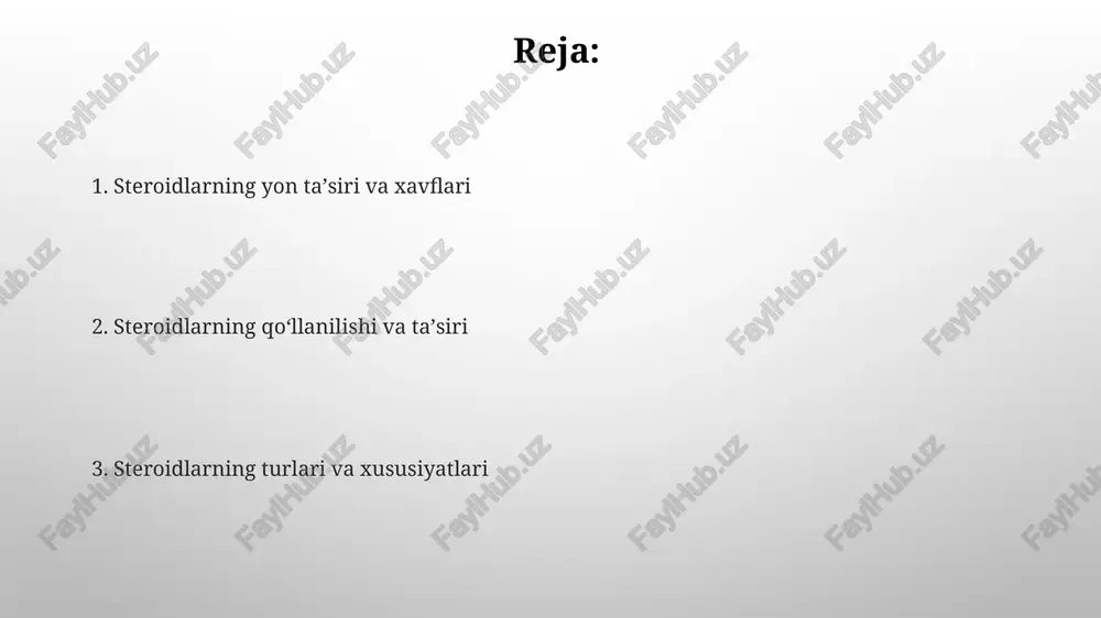 on tomir kasalliklarining xavfini 2-3 barobar oshirishga va hatto o'limga olib kelishi mumkin. ayollarda steroidlar androgenizatsiya belgilari, ya'ni erkaklarga xos belgilarning paydo bo'lishiga, masalan, soch o'sishiga va ovozning qalinlashishiga olib kelishi mumkin. steroidlarning turlari og'zaki va in'yeksion shakllarida mavjud bo'lgan 17-alfa alkillangan (17aa) va 17-beta-gidroksi steroidlari kabi turli metabolik yo'llar va jigar toksikligi xususiyatlariga ega bo'lgan steroidlarning farqli xususiyatlarini bilish muhim. steroidlar ikki katta guruhga bo'linadi: anabolik steroidlar, mushak o'sishini rag'batlantiruvchi va androgenik steroidlar, erkak jinsiy xususiyatlarini rivojlantirishga ta'sir qiluvchi, ularning har biri o'z ichida 100 dan ortiq turdagi birikmalarni o'z ichiga oladi. steroidlarning ta'siri steroidlarning uzoq muddatli qo'llanilishi jigar sirroziga, ya'ni jigarning og'ir shikastlanishiga, 20% gacha hollarda olib kelishi mumkin. yuqori dozalarni qabul qilish qon bosimining keskin oshishiga, 10-15 mm hg gacha, va yurak-qon tomir tizimining buzilishiga olib kelishi mumkin. e'tiboringiz uchun rahmat @taqdimot_robot image3.png image4.jpg image5.jpg image6.jpg image7.jpg image8.jpg image9.jpg image10.jpg image1.png