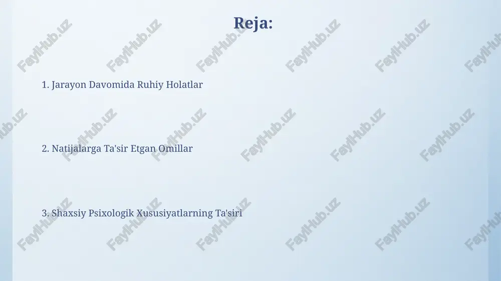 ning muvaffaqiyatiga salbiy ta'sir qiladi. o'z-o'zini boshqarish va regulyatsiya o'z-o'zini boshqarish va regulyatsiya jarayonida kognitiv qayta ishlash tezligi, diqqat hajmi va ijro funksiyalari muhim rol o'ynaydi, ularning samaradorligi individual farq qiladi. o'z-o'zini boshqarishning samaradorligi 70% gacha shaxsning motivatsiya darajasi va 30% atrofida qo'llab-quvvatlovchi muhitga bog'liq. jarayon natijalariga munosabat natijalarga emotsional reaktsiyalar (masalan, qo'rquv, umidsizlik yoki quvonch) individual farqlarga bog'liq bo'lib, jarayonning keyingi bosqichlarini 15-25% ga ta'sir qilishi mumkinki. kognitiv uslublar, xususan, optimizm yoki pessimizm darajasi, natijalarni qabul qilish va ularga moslashish jarayonida muhim rol o'ynab, unda 20% ga yaqin farqni keltirib chiqarishi mumkin. shaxsiy psixologik xususiyatlarning ta'rifi shaxsiy psixologik xususiyatlar 5 ta asosiy omil: emotsional barqarorlik, ekstraversiya, ochiqlik, xayrixohlik va vijdonlilik bilan ifodalanadi, bu omillar insonning harakatlarini 80% aniqlaydi. introversiya va ekstraversiya kabi xususiyatlar miqdoriy va sifat jihatdan farq qiladi, bu esa muayyan protseduraga turlicha munosabatda bo'lishga olib keladi, ya'ni 20% hollarda individual farqlar sezilarli darajada namoyon bo'ladi. xotira va …