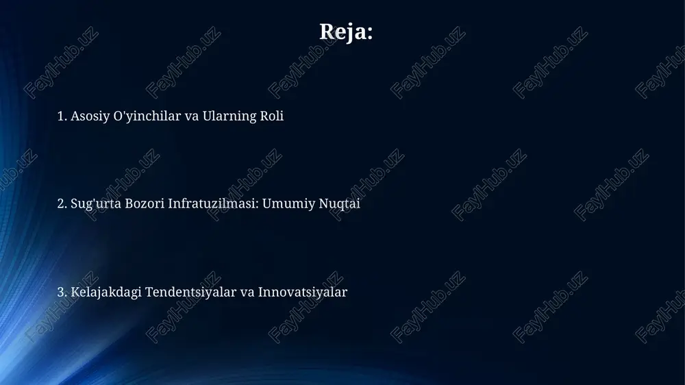 urta kompaniyalarining roli va vazifalari 2023 yildagi ma'lumotlarga ko'ra, yirik sug'urta kompaniyalarining bozorga ulushi 70% dan ortiqni tashkil etdi, bu esa ularning monopoliyaga moyilligini ko'rsatadi. sug'urta kompaniyalari 100 dan ortiq turdagi sug'urta mahsulotlarini taklif etib, mijozlarning har xil ehtiyojlarini qondirishga xizmat qiladilar, bunda ularning moliyaviy barqarorligi va kapitalizatsiyasi muhim ahamiyatga ega. sug'urta bozori infratuzilmasini rivojlantirish istiqbollari davlat-xususiy sherikligi doirasida sug'urta tarmoq infratuzilmasiga 100 mln. dollardan ortiq investitsiyalar jalb qilinishi va shu orqali sug'urta penetratsiyasi darajasini 2-3% ga oshirish maqsad qilingan. sug'urta bozorining raqamlilashuvi 2025 yilga borib 50% ga oshishi va insurtech kompaniyalari sonining 3 barobar ko'payishi kutilmoqda, bu esa yangi xizmatlar va mahsulotlarning paydo bo'lishiga olib keladi. sug'urta to'lovlari va ularning mexanizmi sug'urta to'lovlarining 90% dan ortig'i avariya holatlari va tabiiy ofatlar bilan bog'liq bo'lib, bu sug'urta kompaniyalari uchun katta xarajatlarni keltirib chiqaradi. sug'urta kompaniyalari to'lovlarni amalga oshirishda 2% dan 5% gacha bo'lgan komissiya to'laydi, bu esa ularning foydasiga ta'sir …