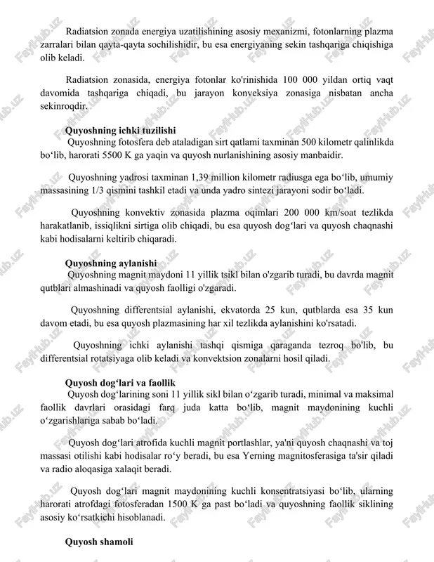 onveksiya zonasiga nisbatan ancha sekinroqdir. quyoshning ichki tuzilishi quyoshning fotosfera deb ataladigan sirt qatlami taxminan 500 kilometr qalinlikda boʻlib, harorati 5500 k ga yaqin va quyosh nurlanishining asosiy manbaidir. quyoshning yadrosi taxminan 1,39 million kilometr radiusga ega boʻlib, umumiy massasining 1/3 qismini tashkil etadi va unda yadro sintezi jarayoni sodir boʻladi. quyoshning konvektiv zonasida plazma oqimlari 200 000 km/soat tezlikda harakatlanib, issiqlikni sirtiga olib chiqadi, bu esa quyosh dogʻlari va quyosh chaqnashi kabi hodisalarni keltirib chiqaradi. quyoshning aylanishi quyoshning magnit maydoni 11 yillik tsikl bilan o'zgarib turadi, bu davrda magnit qutblari almashinadi va quyosh faolligi o'zgaradi. quyoshning differentsial aylanishi, ekvatorda 25 kun, qutblarda esa 35 kun davom etadi, bu esa quyosh plazmasining har xil tezlikda aylanishini ko'rsatadi. quyoshning ichki aylanishi tashqi qismiga qaraganda tezroq bo'lib, bu differentsial rotatsiyaga olib keladi va konvektsion zonalarni hosil qiladi. quyosh dogʻlari va faollik quyosh dogʻlarining soni 11 yillik sikl bilan oʻzgarib turadi, minimal va …