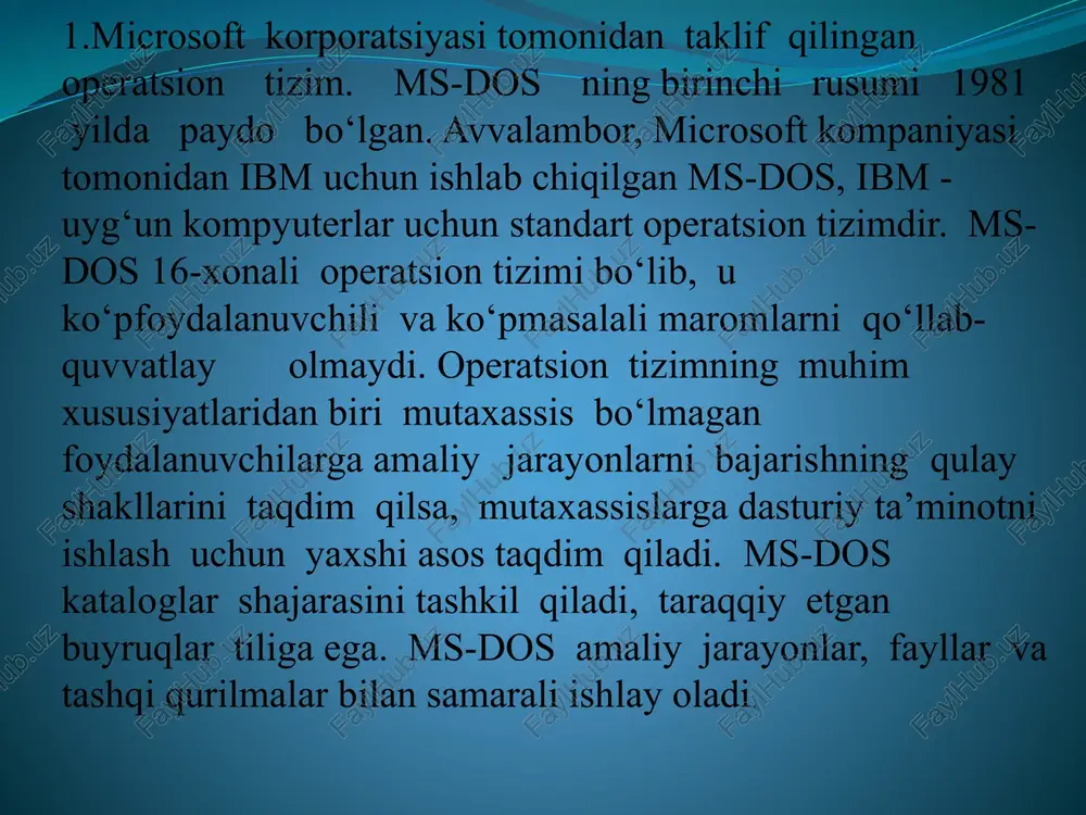 t]] [/a] [/b] [d:][path] [filename[.ext]] [/a] [/b] [/v] bu variant nusxa olinayotgan faylning nomi aslidan boshqa nomga ega bo'lsa ishlatiladi. copy [/a] [/b] [d:][path][filename[.ext]] [/a] [/b][+[d:][path][filename[.ext]] [/a] [/b] ...] [d:][path][filename[.ext]] [/a] [/b] [/v]copy [/a] [/b] [d:][path][filename[.ext]] [/a] [/b][+[[,,]d:][path][filename[.ext]] [/a] [/b] ...] [d:][path][filename[.ext]] [/a] [/b] [/v] 2 va 3 variantlarda ikki yoki undan ko'p fayllarni birinchi fayl bilan birlashtirish uchun ishlatiladi foydalanishi: fayllar yoki direktoriyalarning nusxasini olish kiruvchi fayl uchun: /a - kiruvchi fayl ascii kodi ya'ni matn shaklida qayta ishlanadi. ushbu fayl qiymatlari birinchi uchragan ctrl-z belgisigacha nusxa oladi. /b - fayldan to'la nusxa oladi (fayl oxiri mundarijada ko'rsatilgan xajm orqali aniqlanadi) chiquvchi fayl uchun: /a - faylning oxirgi belgisi sifatida ctrl-z belgisini qo'shib qo'yish. /v - ctrl-z belgisini fayl oxiriga qo'shmasdan /v - nusxa olinadigan disketga yozilishini tekshirib olish + - fayllarni birlashtiradi ctty yozilishi: ctty foydalanishi: birlamchi konsuldan yordamchi konsulga standart kiritish va chiqarishni uzgartiradi aux, com1, com2 …