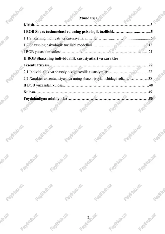 timoiy vaziyatlarga moslashish darajasini belgilaydi. 2. psixologik salomatlik va barqarorlik. shaxsning individuallik xususiyatlarini hisobga olgan holda ta’lim berish yoki ish faoliyatini tashkil etish, stressga chidamlilikni oshirish va ruhiy salomatlikni mustahkamlashga yordam beradi. masalan, xarakter aksentuatsiyasi turli shaxslar uchun turlicha psixologik tavsiyalarni talab qiladi. 3. ilmiy va amaliy ahamiyat. individuallik xususiyatlarini o‘rganish shaxs psixologiyasini chuqurroq tushunishga, shaxsiy rivojlanish strategiyalarini shakllantirishga va pedagogik psixologiyada metodik yondashuvlarni ishlab chiqishga xizmat qiladi. shu sababli, shaxs rivojlanishining individuallik xususiyatlari va ularning roli mavzusini o‘rganish nafaqat nazariy jihatdan, balki amaliy jihatdan ham dolzarbdir. u insonning shaxsiy va ijtimoiy rivojlanishida samarali yondashuvlarni ishlab chiqish imkonini beradi. kurs ishining maqsadi: shaxs rivojlanishidagi individuallik xususiyatlarini aniqlash va ularning shaxs psixologiyasidagi rolini tizimli tarzda tahlil qilish. kurs ishining vazifalari: kurs ishida quyidagi vazifalar bajariladi: 1. shaxs tushunchasi va uning psixologik tuzilishini o‘rganish. 2. shaxsning individuallik xususiyatlarini aniqlash va ularning rivojlanish omillarini tahlil qilish. 3. xarakter aksentuatsiyasining shaxs rivojlanishidagi ahamiyatini aniqlash. …