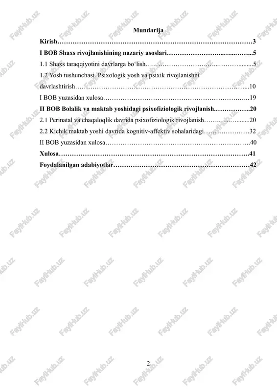 lab chiqish zarur. bundan tashqari, mavzu dolzarbligi ilmiy tadqiqotlar bilan ham bog‘liq. zamonaviy psixologiya va pedagogik tadqiqotlar shaxs rivojlanishining nazariy va amaliy jihatlarini tahlil qilish, yoshga xos xususiyatlar va ularning rivojlanish jarayonidagi omillarni aniqlashni talab qiladi. shu bilan birga, bu bilimlar bolalar salomatligi, psixologik barqarorligi va ijtimoiy moslashuvini oshirishga xizmat qiladi. umuman olganda, mavzu dolzarbligi shaxs rivojlanishini chuqur tushunish, pedagogik va psixologik amaliyotni takomillashtirish hamda bolalarning intellektual, hissiy va ijtimoiy salohiyatini rivojlantirishda o‘z ifodasini topadi. kurs ishining maqsadi: shaxsning perinatal davrdan boshlab kichik maktab yoshigacha bo‘lgan psixofiziologik va kognitiv-affektiv rivojlanish jarayonlarini tahlil qilish hamda har bir yosh davrining o‘ziga xos psixologik xususiyatlarini aniqlashdan iborat. kurs ishining vazifalari: belgilangan maqsadga erishish uchun quyidagi vazifalar amalga oshiriladi: vazifalari 1. shaxs rivojlanishining nazariy asoslarini o‘rganish va tahlil qilish. 2. yosh tushunchasi hamda psixik rivojlanishni davrlashtirishga oid ilmiy yondashuvlarni o‘rganish. 3. perinatal va chaqaloqlik davrida psixofiziologik rivojlanish jarayonlarini aniqlash. 4. kichik maktab yoshi davrida …