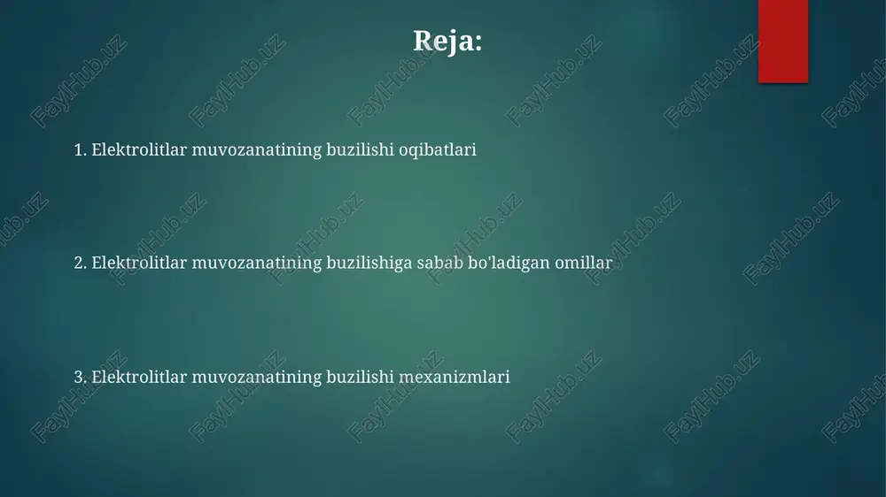 i. adh buyrak kanalchalarida suvning qayta so'rilishiga ta'sir qilib, siydik hajmini kamaytiradi. suvning tana massasining 60% ini tashkil etishi, hujayralararo suyuqlikning 15-25% ini, hujayralar ichidagi suyuqlikning esa 2/3 qismini tashkil etishi. bu nisbat yosh, jinsi va tana tuzilishiga bog'liq holda o'zgaradi. qonda elektrolitlar muvozanatini saqlashda ishtirok etuvchi bufer tizimlari: bikarbonat, oqsil va fosfat bufer tizimlari. ularning har biri qonda ph ni 7,35-7,45 oralig'ida saqlashda muhim rol o'ynaydi. kaltsiy muvozanati buzilishi kaltsiyning suyak to'qimalaridan chiqishi va qon plazmasidagi kaltsiy miqdorining ko'payishi hiperparatireoidizm bilan bog'liq, bu esa qon plazmasida kaltsiy darajasining 10,5 mg/dl dan yuqori bo'lishiga olib keladi, bu esa buyrak toshini va boshqa asoratlarga olib kelishi mumkin. kaltsiy muvozanatining buzilishi gipoparatireoidizmda kuzatiladi, bu esa qon plazmasidagi kaltsiy darajasining 7-8 mg/dl dan kam bo'lishiga olib keladi, bu esa gipokalsemiya, tetani va mushaklarning tortishishi kabi belgilarga olib kelishi mumkin. giperglikemiya sharoitida kaltsiyning buyrak orqali siydik bilan chiqarilishi kuchayadi, bu esa qon plazmasidagi kaltsiy …
