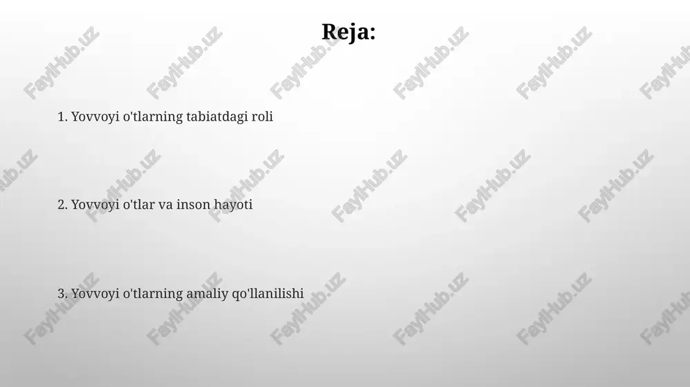 shlatilishi mumkin, bu esa kimyoviy vositalarga bo'lgan ehtiyojni kamaytiradi va ekologik muvozanani saqlaydi. yovvoyi o'tlarning inson hayotidagi ahamiyati ba'zi yovvoyi o'tlar, masalan, romashka va po'stlog'i, an'anaviy tibbiyotda yallig'lanishga qarshi va og'riq qoldiruvchi vosita sifatida keng qo'llaniladi, 1000 yildan ortiq davom etayotgan an'anaga ega. taxminan 25% dorivor preparatlar yovvoyi o'tlarning faol birikmalaridan olinadi, bu esa ularning farmatsevtika sanoati uchun ahamiyatini ko'rsatadi va milliardlab dollarlik bozorni tashkil qiladi. yovvoyi o'tlar haqida qiziqarli ma'lumotlar yovvoyi o'tlarning 70% dan ortig'i tabiiy insektitsidlar yoki repellentslar sifatida ishlatilishi mumkin, bu esa qishloq xo'jaligida kimyoviy vositalarga bo'lgan ehtiyojni kamaytiradi. o'rta asrlarda 200 dan ortiq turdagi yovvoyi o'simliklar dorivor maqsadlarda ishlatilgan bo'lib, ularning ko'pchiligi bugungi kunda ham o'z ahamiyatini saqlab kelmoqda. yovvoyi o'tlarning xavfsizligi va zaharliligi ba'zi yovvoyi o'tlarning zaharliligi mavsumiy o'zgaradi, masalan, bahorda kam zaharli bo'lgan o'simlik yozda yuqori toksin konsentratsiyasiga ega bo'lishi mumkin. yovvoyi o'tlarning 200 dan ortiq turi zaharli hisoblanadi, ularning tarkibidagi alkaloidlar, glikozidlar va …