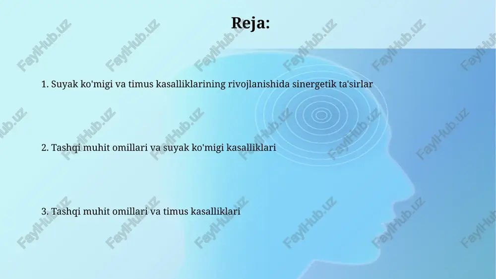 r (masalan, simob, arsen 2 ppm dan yuqori) ta'siri natijasida suyak iligi disfunktsiyasi, aplastik anemiya kabi jiddiy kasalliklar rivojlanishi xavfi 3 baravar ortadi. havo ifloslanishi va nafas olish kasalliklari sigaret tutunida mavjud bo‘lgan 4000 dan ortiq toksik moddalar suyak ko‘migi va timus hujayralarining apopotozi (dasturlashtirilgan hujayra o‘limi) ni tezlashtiradi, bu esa gematopoetik va immunitet tizimlariga zarar yetkazadi. havoning ifloslanishi, ayniqsa, pm2.5 zarrachalari miqdorining yuqori bo‘lishi, suyak ko‘migi va timus bezining yallig‘lanish kasalliklari xavfini 20-30% ga oshirishi mumkin. kasbiy xavf-xatarlar ba'zi kimyoviy moddalar, masalan, benzol yoki pestisidlarning uzoq muddatli ta'siri, leykemiya va limfoma kabi suyak iligi va timus bilan bog'liq kasalliklar rivojlanish xavfini 10% ga oshirishi mumkin. tashqi muhit omillarining, masalan, ionlashtiruvchi radiatsiya ta'siri, suyak iligi va timus kasalliklari xavfini 2-5 baravar oshirishi mumkin, bu esa gematopoetik hujayralarga to'g'ridan-to'g'ri zarar yetkazishi bilan bog'liq. tashqi muhit omillarining umumiy ta'siri kimyoviy moddalar, masalan, benzol, toksik ta'sir ko'rsatib, suyak iligi va timusning hujayra tuzilishi …
