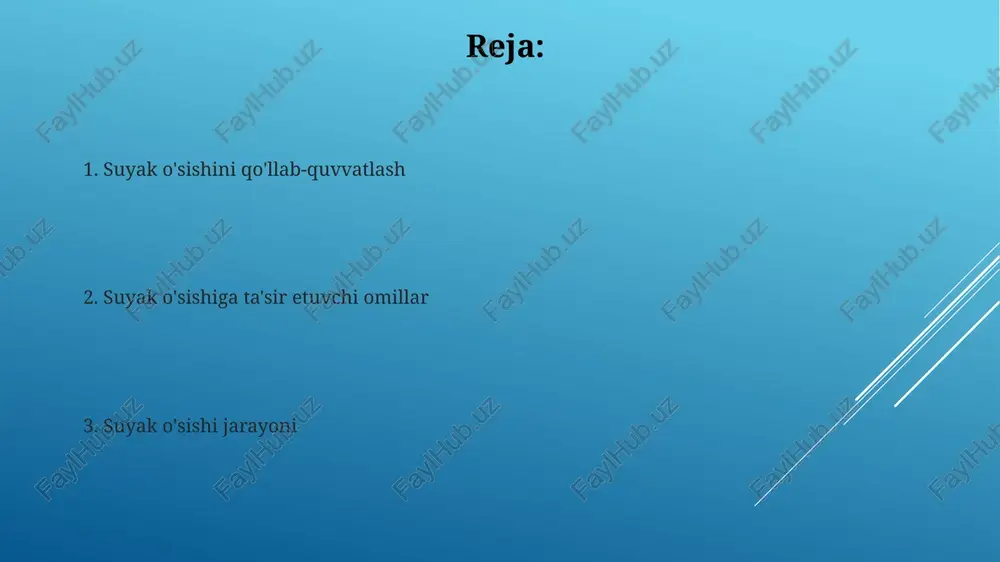 va suyaklarning sog'lom rivojlanishiga ijobiy ta’sir ko'rsatadi. gormonlarning ta'siri qalqonsimon bez gormonlari (t3 va t4) skeletning normal rivojlanishi va suyak to'qimalarining mineralizatsiyasi uchun zarur bo'lib, ularning yetishmasligi 30% ga yaqin o'sishning sekinlashishiga olib kelishi mumkin. jinsiy gormonlar (estrogen va testosteron) suyak o'sishining tugashida muhim rol o'ynaydi, epifiz plitalarining yopilishini tezlashtirib, o'sishni to'xtatadi va suyak zichligini oshiradi. suyak sinishi va tiklanishi suyak sinishi tiklanish jarayoni o'rtacha 6-8 hafta davom etadi, ammo bu yosh, sinish turi va umumiy sog'liq holatiga bog'liq holda o'zgarib turishi mumkin. to'liq suyak tiklanishiga erishish uchun yetarli miqdordagi oqsil va mikroelementlar, masalan, sink va mis, iste'mol qilish kerak, bu esa suyak matritsasining hosil bo'lishiga yordam beradi. genetik omillar suyak mineral zichligi va suyakning mustahkamligi uchun osteokalsin va kollagen kabi oqsillarni kodlovchi genlarning polymorfizmlari suyakning sinishi xavfini oshirishi mumkin. suyak o'sishining genetik jihatdan aniqlanishiga 200 dan ortiq gen ta'sir qiladi, ularning mutatsiyalari turli xil skelet anomaliyalariga olib kelishi mumkin. …