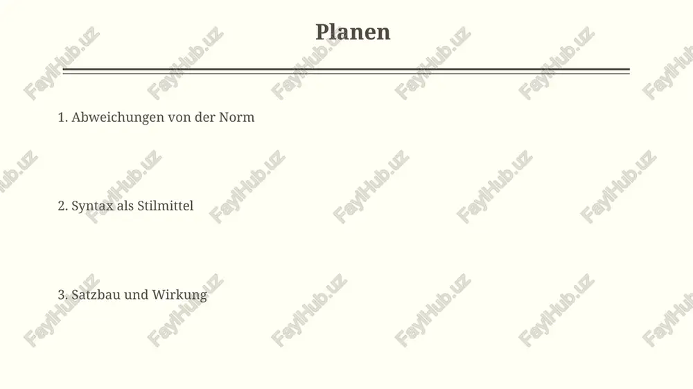 ang (anapher) bzw. satzende (epipher), einen starken rhythmischen effekt erzeugen und die aussage emotional verstärken. syntax als stilmittel satzbauvarianten wie inversionen (z.b. 20% in lyrischer poesie) erzeugen durch die abweichung von der standard-wortfolge eine stilistische wirkung und betonen bestimmte satzglieder. lange, verschachtelte hypotaxen (mit mehr als 3 nebensätzen) wirken komplex und erzeugen einen gehobenen, oft wissenschaftlichen stil im gegensatz zu kurzen, parataktischen sätzen. inversion und ihre stilistische funktion partizipialkonstruktionen am satzanfang, eine form der inversion, erzeugen einen stilistischen effekt von formalität und höherer sprachlicher präzision (z.b. im wissenschaftlichen stil). die verwendung von inversionen in literarischen texten, insbesondere in lyrischen formen (z.b. 10-15% der sätze), kann die musikalische gestaltung und den rhythmischen fluss betonen. wortgruppen und ihre anordnung parataxe und hypotaxe zeigen unterschiedliche satzbauweisen; hypotaktische strukturen mit 5 oder mehr nebensätzen wirken komplexer als parataktische mit kurzen, selbstständigen sätzen. nominalgruppen, bestehend aus substantiv und bis zu 4 attributen, beeinflussen die informationsstruktur …