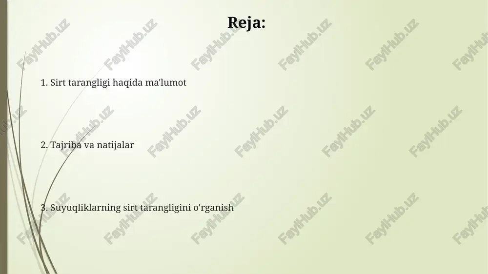 bu 20-30% oralig'ida bo'lishi mumkin. eritgichlarning ta'siri eritgichlarning yuzaki tarangligi ularning haroratiga ham bog'liq: harorat oshishi bilan yuzaki taranglik kamayadi, chunki molekulalar orasidagi kuchlar zaiflashadi, masalan, 20°c da suvning yuzaki tarangligi 72.8 mn/m ga teng. eritgichlarning yuzaki tarangligiga ta'siri eritgichning molekulyar tuzilishi va qutbliligiga bog'liq bo'lib, qutbsiz eritgichlarda yuzaki taranglik qutbli eritgichlarga nisbatan yuqoriroq, masalan, suv (72 mn/m) ga nisbatan geksan (18 mn/m). yuqori konsentratsiyali eritmalarda eritgichning yuzaki tarangligi, eritma tarkibidagi moddaning konsentratsiyasi bilan o'zgaradi, bu gibbs tenglamasidan kelib chiqadi va ko'pincha 1-10% oralig'ida o'zgarishni kuzatish mumkin. kundalik hayotdagi namoyon bo'lishi suv yuzasida 72 mn/m ga yaqin yuqori sirt tarangligi tufayli, suv o'simliklar barglari ustida sharsimon tomchilar hosil qilib, o'z shaklini saqlay oladi. sirt tarangligi tufayli, ba'zi hashoratlar, masalan, suv o'rgimchaklari (suv o'rgimchagi), suv yuzasida 0,05 n dan kam kuch bilan yurishlari mumkin. detergentlar suvning sirt tarangligini 25-40 mn/m gacha pasaytirib, kirni samarali yuvishiga yordam beradi. suyuqlikning ichki tuzilishi va …