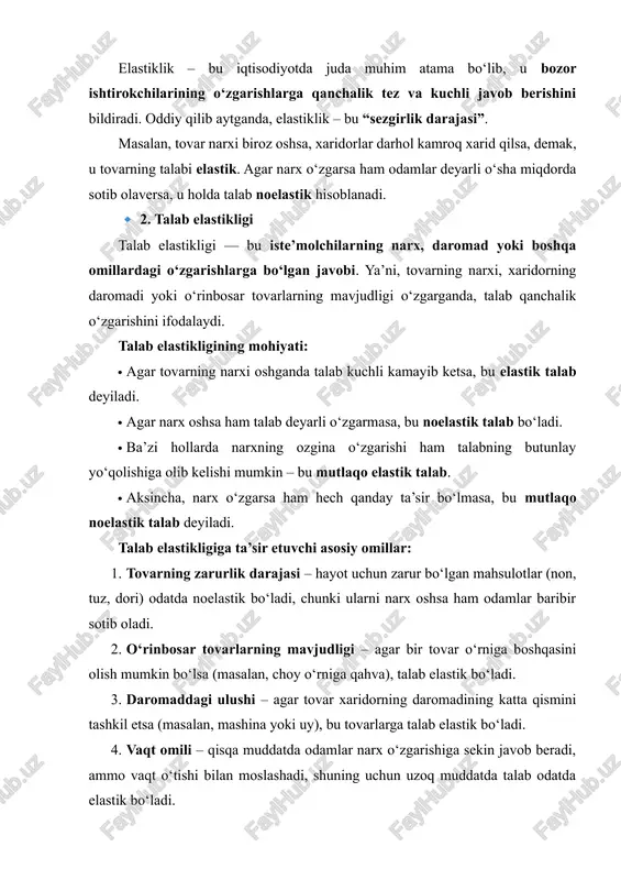 aruvchilarning narxdagi o‘zgarishlarga javobi. ya’ni, narx oshsa, ishlab chiqaruvchilar qancha tez va ko‘p mahsulot ishlab chiqarishi mumkin – shuni ko‘rsatadi. agar narx oshganda ishlab chiqarish hajmi tez ortsa, taklif elastik bo‘ladi. agar narx o‘zgarsa ham ishlab chiqarish hajmi sekin yoki deyarli o‘zgarmasa, u holda taklif noelastik bo‘ladi. taklif elastikligiga ta’sir etuvchi omillar: 1. ishlab chiqarish muddati – qisqa muddatda ishlab chiqaruvchilar taklifni tez o‘zgartira olmaydi (masalan, yangi zavod qurish kerak bo‘lsa), shuning uchun qisqa muddatda taklif odatda noelastik bo‘ladi. 2. resurslarning mavjudligi va harakatchanligi – agar ishlab chiqarish uchun zarur xomashyo va resurslar yetarli bo‘lsa va ularni tezda jalb qilish mumkin bo‘lsa, taklif elastik bo‘ladi. 3. zaxiralar mavjudligi – ishlab chiqaruvchi omborlarda zaxira mahsulotga ega bo‘lsa, narx oshganda tezda bozorga chiqarib, taklifni oshira oladi. 4. texnologik imkoniyatlar – ilg‘or texnologiyalar ishlab chiqarishni tez kengaytirish imkonini beradi, bu esa taklifni elastik qiladi. 🔹 4. talab va taklif elastikligining ahamiyati elastiklik bozor …