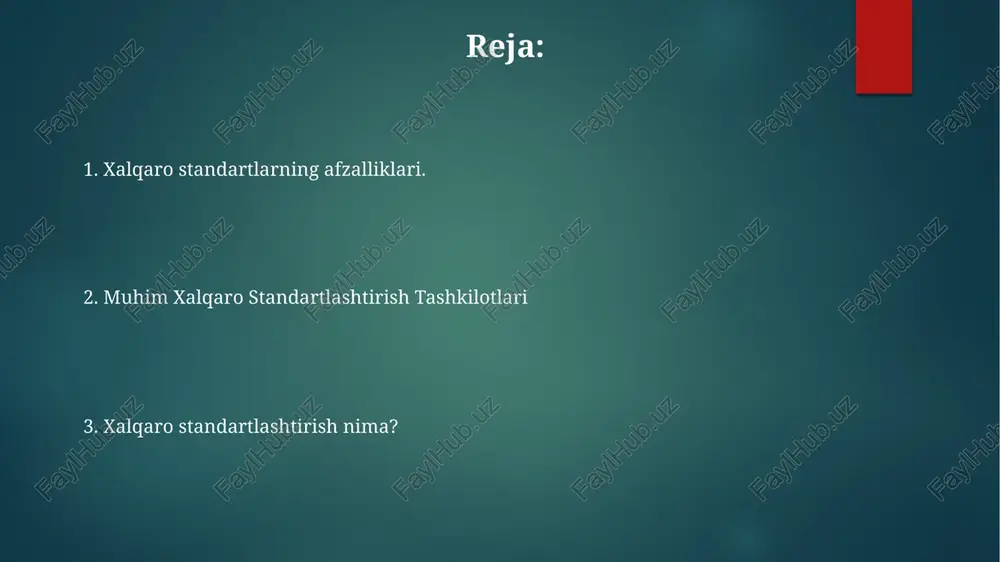 ikni osonlashtiradi. xalqaro standartlashtirish - bu butun dunyo bo'ylab tan olingan va qabul qilingan texnik standartlarni ishlab chiqish va amalga oshirish jarayoni. xalqaro standartlashtirishda qatnashadigan asosiy tashkilotlarga xalqaro standartlashtirish tashkiloti (iso) va xalqaro elektrotexnika komissiyasi (iec) kiradi. xalqaro standartlashtirish tashkilotlari xalqaro standartlashtirish tashkiloti (hst) xalqaro aloqa ittifoqi (xai) xalqaro elektrotexnika komissiyasi (xek) standartizatsiya jarayonlari va tartiblari xalqaro standartlar moslik va sifatni ta'minlash orqali savdo, muloqot va xavfsizlikni rivojlantiradi. iso va iec kabi tashkilotlar xalqaro standartlarni birgalikda ishlab chiqish va saqlash bilan shug'ullanadi. standartizatsiya mahsulotlar, jarayonlar va xizmatlar uchun bir xil qoidalarni belgilaydi. e'tiboringiz uchun rahmat @taqdimot_robot image1.png image2.png image3.png image4.png image5.png image6.png image7.png image8.png image9.png image10.png