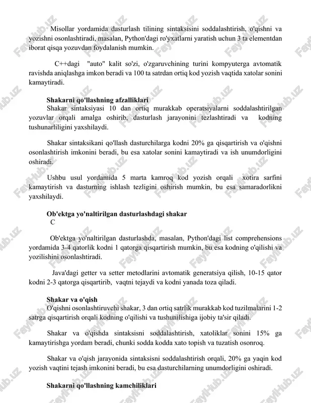 ortiq kod yozish vaqtida xatolar sonini kamaytiradi. shakarni qo'llashning afzalliklari shakar sintaksiyasi 10 dan ortiq murakkab operatsiyalarni soddalashtirilgan yozuvlar orqali amalga oshirib, dasturlash jarayonini tezlashtiradi va kodning tushunarliligini yaxshilaydi. shakar sintaksikani qo'llash dasturchilarga kodni 20% ga qisqartirish va o'qishni osonlashtirish imkonini beradi, bu esa xatolar sonini kamaytiradi va ish unumdorligini oshiradi. ushbu usul yordamida 5 marta kamroq kod yozish orqali xotira sarfini kamaytirish va dasturning ishlash tezligini oshirish mumkin, bu esa samaradorlikni yaxshilaydi. ob'ektga yo'naltirilgan dasturlashdagi shakar c ob'ektga yo'naltirilgan dasturlashda, masalan, python'dagi list comprehensions yordamida 3-4 qatorlik kodni 1 qatorga qisqartirish mumkin, bu esa kodning o'qilishi va yozilishini osonlashtiradi. java'dagi getter va setter metodlarini avtomatik generatsiya qilish, 10-15 qator kodni 2-3 qatorga qisqartirib, vaqtni tejaydi va kodni yanada toza qiladi. shakar va o'qish o'qishni osonlashtiruvchi shakar, 3 dan ortiq satrlik murakkab kod tuzilmalarini 1-2 satrga qisqartirish orqali kodning o'qilishi va tushunilishiga ijobiy ta'sir qiladi. shakar va o'qishda sintaksisni soddalashtirish, …