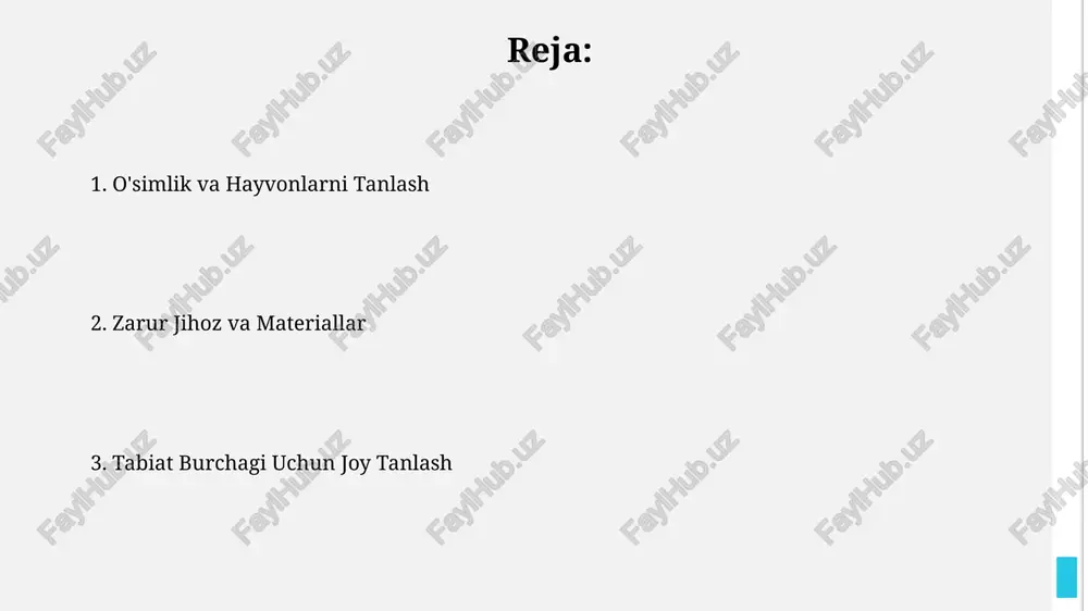 . suv manbai yaqinligi, ya'ni 5-10 metr radiusda suv ta'minoti mavjudligi, o'simliklarni sug'orishni osonlashtiradi va ekosistemani yaxshilaydi. tozalik va sanitariya yopiq maydonlarda havo almashinuvini ta'minlash uchun ventilyatsiya tizimi, havoning namligi 40-60% va harorati esa 18-22°c darajada saqlanishi kerak. sanitariya-gigiena normalariga rioya qilish uchun, o'simliklarni zararkunandalardan himoya qilish choralarini ko'rish, ya'ni kamida yiliga 2 marta profilaktika ishlarini amalga oshirish lozim. o'simliklarni tanlash va ekish quyoshli va soyali joylarni hisobga olib, har bir o'simlik turi uchun mos keladigan tuproq va yorug'lik sharoitlarini ta'minlash zarur, kamida 20 sm chuqurlikda ekish kerak. kasallikka chidamli, minimal parvarish talab qiladigan va mahalliy iqlimga moslashgan 5-7 ta turdagi o'simliklarni afzal ko'rish tavsiya etiladi. e'tiboringiz uchun rahmat @taqdimot_robot image1.jpg image2.jpg image3.jpg image4.jpg image5.jpg image6.jpg image7.jpg