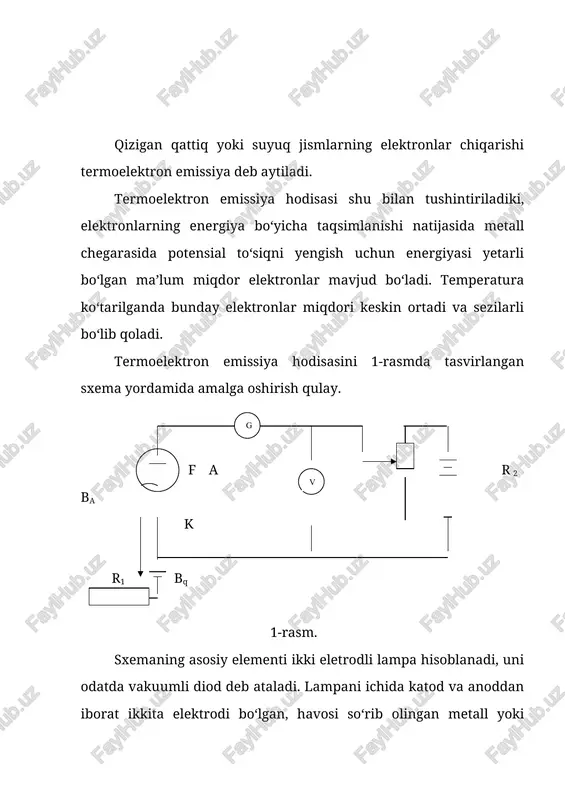n bulutni anodga tortish uchun anodni elektr manbaining musbat qutbiga ulash lozim. katod bilan anod orasidagi elektr maydon ta’sirida elektronlarning kinetik energiyasi, (16) formulaga ko‘ra oshib ular anodga yetib bora boshlaydi. katoddan chiqayotgan elektronlarning taqsimoti ham maksvell taqsimoti qonuniga bo‘ysunadi. anodning kichik kuchlanishida faqat kinetik energiyasi katta bo‘lgan elektronlargina anodga yetib borishi mumkin. bundan xulosa shuki, anod toki anod kuchlanishiga bog‘liq ravishda oshib boradi (2-rasm). uncha katta bo‘lmagan anod kuchlanishlarida anod toki bilan ua orasidagi bog‘lanish boguslavskiy-lengmyur qonuni (17) orqali aniqlanadi. anod toki kuchlanishining 3/2 darajasiga proporsional bo‘lganidan (17) ifoda 3/2 qonuni deb ham yuritiladi. tenglamadagi α – elektrodlarning shakliga va ularning o‘zaro joylashishiga bog‘liq bo‘lgan koeffitsiyent. boguslavskiy-lengmyur qonuni 2a-rasmda keltirilgan grafikning faqat oa qismi uchun o‘rinlidir. anod kuchlanishi ut qiymatga erishganda, tokning keyingi o‘sishi tamomila to‘xtaydi. bunda tok to‘yinish toki qiymatiga erishadi. katoddan chiqayotgan hamma elektronlarning anodga yetib kelishi bilan aniqlanadigan tokning qiymati to‘yinish toki deyiladi. 2a-rasmda to‘yinish tokining …