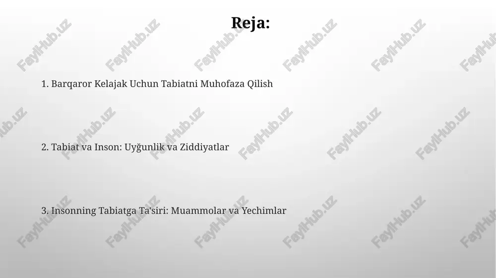 za qilish atrof-muhit ifloslanishiga qarshi kurashda 3r (qayta ishlash, qayta ishlatish va kamaytirish) tamoyillarini qo'llash orqali chiqindilar miqdorini 25% ga kamaytirish mumkin. tabiiy resurslarni oqilona boshqarish, xususan, suv resurslarini 15% tejash, bioxilma-xillikni saqlash va ekologik muvozanatni ta'minlash uchun zarur choralarni amalga oshirish kerak. cho'l bosish va uning oldini olish cho'l bosish jarayonida 70% gacha yerning unumdorligi yo'qoladi, bu esa o'simlik va hayvonot dunyosi bioxilma-xilligining pasayishiga olib keladi. cho'l bosishni oldini olishda o'rmonlarni tiklash va ekologik dehqonchilik kabi usullar yillik co2 emissiyasini 25% gacha kamaytirishi mumkin. ekologik muammolar havoning ifloslanishi nafas olish kasalliklari xavfini 20% ga oshiradi va yiliga 7 million kishining oʻlimiga sabab boʻladi, bu esa iqtisodiy nuqtai nazardan ham katta zarar keltiradi. dunyo okeanlaridagi plastik chiqindilarning miqdori 150 million tonnani tashkil etadi, bu dengiz hayotini jiddiy tahdid ostida qoldiradi va oziq-ovqat zanjiri orqali inson salomatligiga ham taʼsir qiladi. yashil texnologiyalar yashil texnologiyalar, global co2 emissiyasini 2030-yilga kelib 45% ga …
