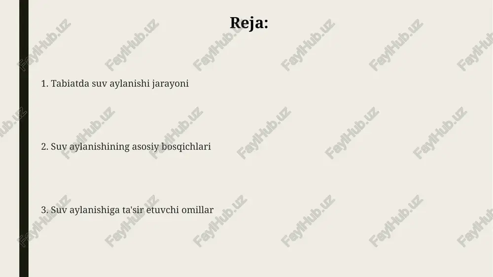ayonlari natijasida sodir bo'ladi. yer osti suvlari suv aylanishida muhim rol o'ynaydi, ularning yer yuzasiga chiqishi, ya'ni artesian quduqlari yoki buloqlar orqali oqishi yillik suv balansining 10-20% ni tashkil qilishi mumkin. yer osti suvlari yer osti suvlarining 20-30%i atmosfera yog'inlari hisobiga to'ldiriladi, qolgan qismi esa daryolar va ko'llardan yer ostiga singib boradi. yer osti suv zaxiralari umumiy suv resurslarining 30% dan ortig'ini tashkil etadi va ko'plab mamlakatlar uchun muhim ichimlik suvi manbai hisoblanadi. yer osti suvlarining o'rtacha harakat tezligi yiliga bir necha metrni tashkil etadi, ammo ba'zi hududlarda bu tezlik ancha yuqori bo'lishi mumkin. suvning bug'lanishi tuproq namligi va vegetatsiya qoplamining zichligi suvning bugʻlanish miqdorini sezilarli darajada, ya'ni o'rtacha 10-20% ga o'zgartirishi mumkin. yer yuzasidan bugʻlanish jarayoni quyosh energiyasining taxminan 23% ni sarflaydi va oʻrtacha yiliga 505 000 km³ suvni atmosfera ga koʻtaradi. suvning bugʻlanishi haroratga bogʻliq boʻlib, 30°c da bugʻlanish tezligi 15°c ga nisbatan ancha yuqori, namlik miqdori esa …