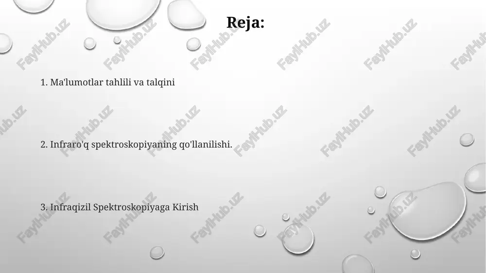 nurlanishning yutilishini tahlil qilish orqali molekulalarda ma'lum funktsional guruhlarning mavjudligini aniqlash uchun ishlatiladi. molekulyar tuzilmaning tahlili: ir spektroskopiyasi turli bog'lanishlarning tebranish rejimlarini tahlil qilish orqali molekulalarning tuzilishini aniqlash uchun ishlatilishi mumkin. afzalliklari va kamchiliklari qo'llanmalar: organik kimyo, materiallar fanlari va atrof-muhitni tahlil qilishda keng qo'llaniladi. cheklashlar: murakkab spektrlarni talqin qilish qiyin boʻlishi mumkin, namunani tayyorlashni talab etadi va barcha molekulalarga sezgir boʻlmasligi mumkin. afzalliklari: funktsional guruhlarni aniqlaydi, molekulyar tuzilish haqida ma'lumot beradi va buzilmaydigan usul. elektromagnit spektr infraqizil spektroskopiyasi molekulalar tomonidan infraqizil nurlanishning yutilishini yoki o'tishini tahlil qilib, funktsional guruhlarni aniqlash va molekulyar tuzilmani aniqlash uchun ishlatiladi. infraqizil spektroskopiyasi birikmalarni aniqlash, kimyoviy reaksiyalarni o'rganish va materiallarni tahlil qilish uchun qimmatli vositadir. elektromagnit spektr radio to'lqinlardan gamma nurlarigacha bo'lgan barcha elektromagnit nurlanish turlarini o'z ichiga oladi, to'lqin uzunligi va chastota bo'yicha tartiblangan. infraroʻq spektrlarni talqin qilish bu cho'qqilarning pozitsiyasi va intensivligi molekulaning tuzilishi va tarkibi haqida ma'lumot beradi. infraqizil spektroskopiyasi molekulalardagi …