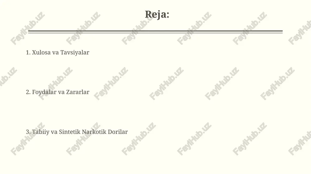 ni saqlash tizimiga yuk 30% ga ortib, davlatning sog'liqni saqlashga ajratadigan mablag'larini ortiqcha sarflanishiga olib keladi. narkotiklarga qarshi kurash mamlakatimizda giyohvand moddalar savdosi bilan bog‘liq jinoyatlar soni oxirgi 5 yilda 30% ga kamaygan bo‘lsa-da, internet orqali giyohvand moddalar tarqalishi xavfi yuqori bo‘lib qolmoqda. giyohvand moddalarga qaramlik bilan kurashish uchun davlat tomonidan ajratilgan mablag‘larning 40% reabilitatsiya markazlari va ijtimoiy reabilitatsiya dasturlariga yo‘naltirilgan. narkotiklarning tibbiy qo'llanilishi opioid analjeziklar, masalan, morfin va kodein, kuchli og'riq qoldiruvchi sifatida qo'llaniladi va og'ir jarohatlar yoki saraton kasalligi kabi holatlarda 10 mg dan 100 mg gacha dozalarda buyuriladi. ba'zi sintetik opioidlar, masalan, fentani, juda kuchli analjezik ta'sirga ega bo'lib, og'riqni boshqarishda mikrogam miqdorlarda qo'llaniladi. davolash va reabilitatsiya davolash jarayonida 12-bosqichli dastur va kognitiv-xulq terapiyasi (kkt) kabi usullar qo'llanilib, giyohvandlikka qaramlikni kamaytirishga qaratilgan individual terapiya seanslari o'tkaziladi. davolash va reabilitatsiya markazlarida o'rtacha 3-6 oy davom etadigan intensiv terapiya kurslari taklif etilib, qayta tiklanish jarayonini tezlashtirishga yordam beradi. kelajakdagi …