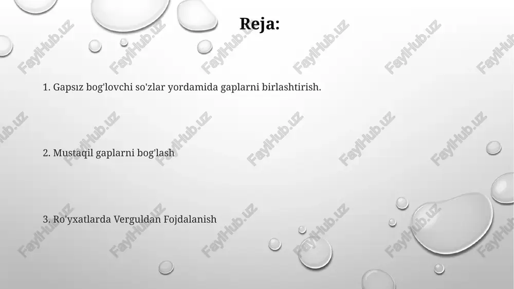 rjima qiling; mustaqil gaplarni bog'lovchi so'z bilan bog'lamagan holda nuqta vergul bilan ajrating. "qavs ichidagi iboraning grammatik jihatdan to'liq bo'lishiga qarab, u oldidan nuqta-vergul qo'yiladi." munosabatli ravish yoki o'tish so'zlar bilan bog'langan mustaqil gaplarni ajratish uchun nuqta verguldan foydalaning. qo'shimcha o'rganish uchun manbalar grammatika va tinchlikning moviy kitobining vergul bilan ajratish bo'limi grammarlyning nuqta-vergul qoidalari purdue owl'ning nuqta-vergul qo'llanmasi ro'yxatlardagi nuqta vergullar ro'yxatdagi elementlar ichida vergullar bo'lsa, ularni ajratish uchun nuqta verguldan foydalaning; masalan, "olma, nok va behi; olma, nok va gilos." ikki mustaqil gapni bog'lovchi ravish (masalan, lekin, shuning uchun yoki natijada) bilan bog'lab turish uchun nuqta vergul ishlatish kerak; shu sababli, gaplar o'rtasida nuqta vergul qo'yiladi. ikki yaxshi bog'langan ma'noga ega mustaqil gaplarni bog'lash uchun nuqta verguldan foydalaning; "qo'shma fe'llar bilan nuqta-verguldan fo'dalanish" ikki mustaqil gapni bog'lovchi ravish (masalan, "biroq", "shuning uchun", "bundan tashqari") bilan bog'lashda, nuqta-vergul qo'ying. ro'yxatdagi elementlar ichki vergullarni o'z ichiga olgan bo'lsa, ularni ajratish …