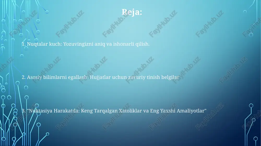 tlarni, gaplarni va so'z birikmalarini ajratib turadi. vergul ishlatishni tushunish aniq va to'g'ri yozish uchun juda muhim. to'g'ri vergul qo'yish to'g'ri ma'noni ta'minlaydi va chalkashliklarni oldini oladi. apostrof va tirnoqlar: egalik va nutq apostrof va tirnoq belgilaridan to'g'ri foydalanish yozma hujjatlarda aniqlik va to'g'rilikni ta'minlaydi. apostroflar egalikni yoki qisqarishni bildiradi. tirqishlar to'g'ridan-to'g'ri nutq yoki iqtiboslarni o'rab oladi. nuqta vergullar va ikki nuqta: yopishtiruvchi ikki nuqta ro'yxatlarni, tushuntirishlarni yoki iqtiboslarni kiritadi. ikkala nuqta-vergul ham, ikki nuqta ham yozuvga aniqlik va tuzilish qo'shadi. nuqta vergullar yaqin aloqador mustaqil gaplarni bog'laydi. e'tiboringiz uchun rahmat @taqdimot_robot image1.png image2.png image3.png image4.png image5.png