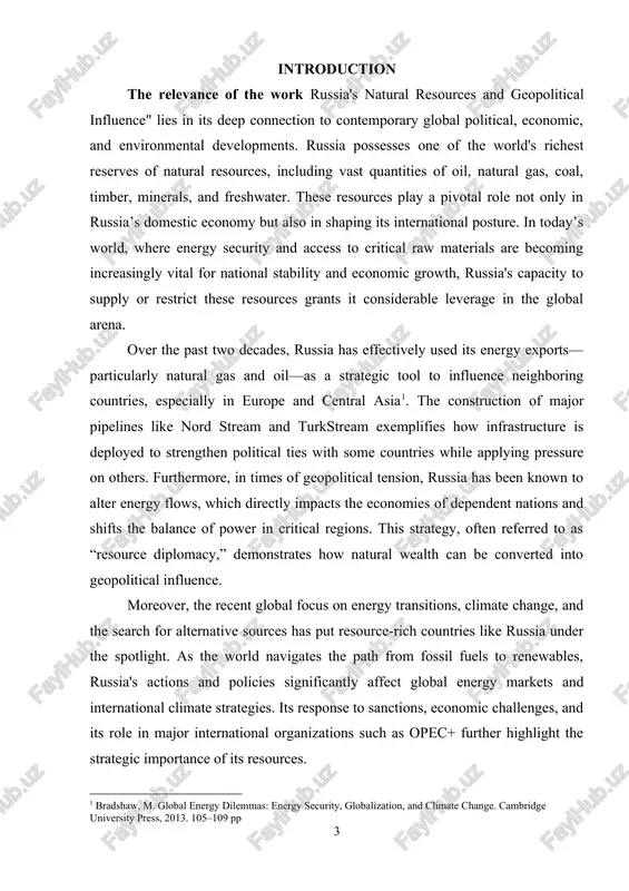hers. furthermore, in times of geopolitical tension, russia has been known to alter energy flows, which directly impacts the economies of dependent nations and shifts the balance of power in critical regions. this strategy, often referred to as “resource diplomacy,” demonstrates how natural wealth can be converted into geopolitical influence. moreover, the recent global focus on energy transitions, climate change, and the search for alternative sources has put resource-rich countries like russia under the spotlight. as the world navigates the path from fossil fuels to renewables, russia's actions and policies significantly affect global energy markets and international climate strategies. its response to sanctions, economic challenges, and its role in major international organizations such as opec+ further highlight the strategic importance of its resources. in this context, studying russia's natural resources and their role in geopolitical influence is critical for understanding the dynamics of modern international relations, the interconnectedness of global …