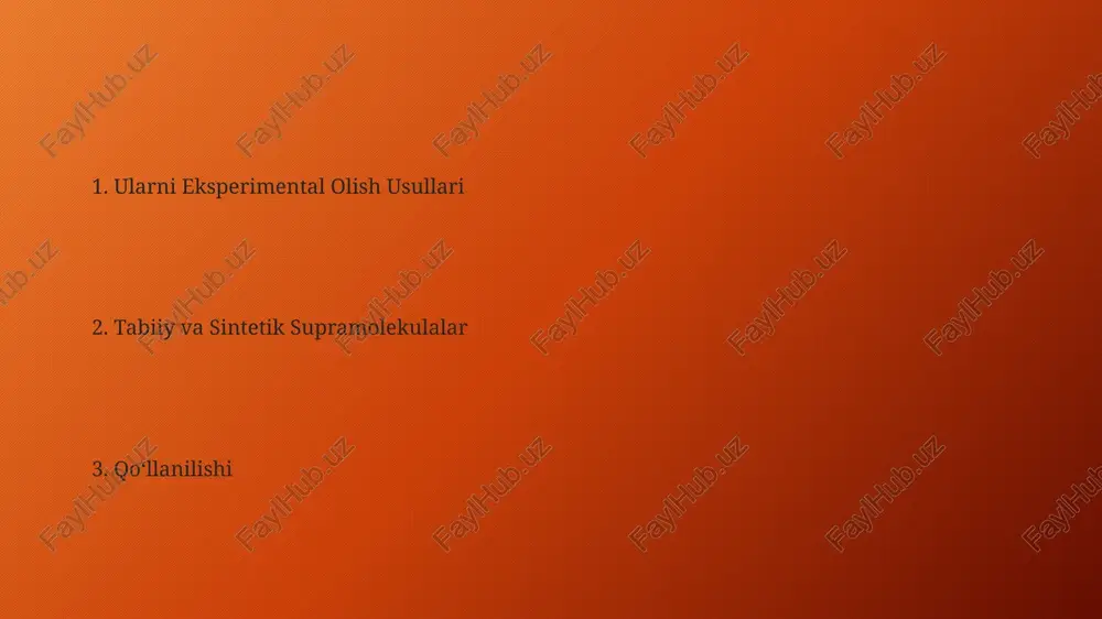 qismlarining o'zaro ta'siri tufayli, 10-1000 kd gacha bo'lgan molekulyar massaga ega bo'lib, turli xil fizikaviy va kimyoviy xossalarni namoyon qiladi. ushbu tuzilmalarning selektivligi va reaktsion qobiliyati, masalan, receptor-ligand o'zaro ta'siri natijasida, 10 -6 m dan past konsentratsiyalarda ham aniqlanadi. nmr spektroskopiyasi va rentgen struktura tahlili nmr va rentgen struktura tahlili ma'lumotlarini birgalikda tahlil qilish supramolekulalarning dinamik xususiyatlari va eritmadagi tuzilmalari haqida to'liq tasavvur hosil qilish imkonini beradi, bu esa 10-5 dan 10-9 sekundgacha bo'lgan vaqt oralig'ini o'z ichiga oladi. rentgen struktura tahlili supramolekulyar komplekslarning aniq atom koordinatalarini 0.1 å aniqlikda aniqlash imkonini beradi, bu esa vodorod bog'lari va boshqa nokovalent o'zaro ta’sirlarni batafsil o'rganishga imkon yaratadi. ekologik muammolarni hal qilish supramolekulyar tuzilmalarni qo'llash orqali suvni tozalash texnologiyalari 90% gacha chiqindilarni kamaytirishi va 50% ga suv sarfini tejashi mumkin. fotosintez jarayonini taqlid qiluvchi sun'iy supramolekulyar fotosintez tizimlari, atmosferadagi co2 miqdorini 15% ga kamaytirishga hissa qo'shishi mumkin. supramolekulalarning tibbiyotdagi qo'llanilishi supramolekulyar tuzilmalar, …