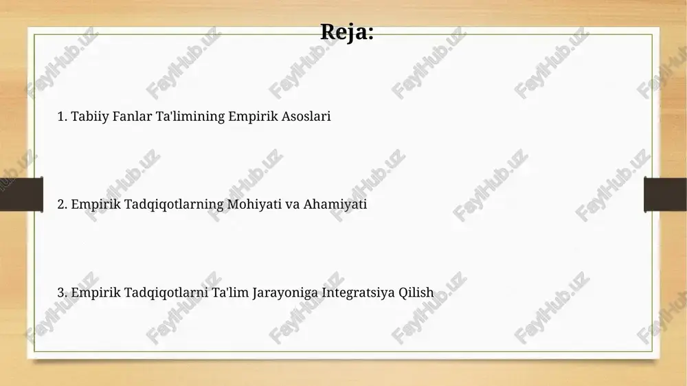 ilan birgalikda o'tkazilgan empirik tadqiqotlar, yangi bilim va texnologiyalar almashinuvini ta'minlaydi va innovatsiyalarni tezlashtiradi. empirik tadqiqotlarning turlari miqdoriy empirik tadqiqotlarda statistik usullar yordamida (masalan, t-testi, anova) 2 yoki undan ortiq guruh o'rtasidagi farqlarni aniqlash mumkin. sanoqli (kichik hajmdagi namunalar bilan o'tkaziladigan) va katta hajmdagi namunaviy empirik tadqiqotlarning natijalarining ishonchliligini va umumlashtirilish darajasini taqqoslash muhimdir. talabalarning empirik tadqiqotlarga jalb qilinishi tadqiqot natijalarini ilmiy konferensiyalarda taqdim etish orqali 20% talaba o'z ishlarining ilmiy jamiyatdagi ahamiyatini anglab yetgan va keyingi tadqiqotlarga rag'batlangan. kichik guruhlarda o'tkazilgan 5-10 talabali empirik loyihalar, tadqiqot metodologiyasini o'zlashtirish va muloqot ko'nikmalarini rivojlantirishda samarali vosita hisoblanadi. empirik tadqiqotlar orqali o'quv dasturlarni takomillashtirish empirik tadqiqotlar natijalari, masalan, 75% o'quvchilarning ma'lum bir mavzu bo'yicha qiyinchiliklarini aniqlash orqali, o'quv dasturiga qo'shimcha amaliy mashqlar va tushuntirishlar kiritishga yordam beradi. o'quvchilardan olingan 100 ta javobni tahlil qilish orqali, fanlararo bog'liqliklarni kuchaytirish va 20% ga o'quv samaradorligini oshirishga qaratilgan o'quv dasturi tuzilishi mumkin. tabiiy fanlar o'qitishida …