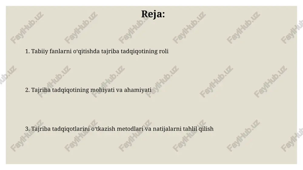 shish orqali eksperimental tadqiqotlarning samaradorligini 2 barobar oshirish mumkin. ta’limda virtual va kengaytirilgan reallik texnologiyalaridan foydalanish orqali 5-10 yil ichida eksperimental tadqiqotlarni 30% ga oshirish mumkin. bu o'quvchilarning faol ishtirokini ta’minlaydi. turli yoshdagi o'quvchilar uchun tajriba turlari katta yoshdagi o'quvchilar (16-18 yosh) uchun mustaqil tadqiqotlar o'tkazish, gipotezani shakllantirish va nazariy bilimlarni amaliyotda qo'llashni o'z ichiga olgan murakkab, ko'p bosqichli (3-5 bosqich) tajribalar mos keladi. o'rta maktab o'quvchilariga (12-15 yosh) kimyoviy reaksiyalar, fizik hodisalar (magnit maydon, elektr toki) bo'yicha murakkabroq, miqdoriy ma'lumotlarni talab qiladigan (5-10 ta o'lchov) tajribalar taklif qilish mumkin. tajriba rejalashtirish va o'tkazish bosqichlari tajriba rejalashtirishning muhim bosqichlaridan biri – 3 ta asosiy o'zgaruvchini (mustaqil, bog'liq va nazorat) aniqlash va ular orasidagi munosabatlarni aniq belgilashdir. tajriba natijalarini tahlil qilishda kamida 20 ta kuzatish yoki o'lchov amalga oshirilishi kerak, statistik usullar yordamida ishonchlilik darajasi tekshiriladi. tajriba natijalarini taqdim etish usullari tajriba natijalarini grafiklar (masalan, ustun diagrammasi, chiziqli grafik) yordamida taqdim …