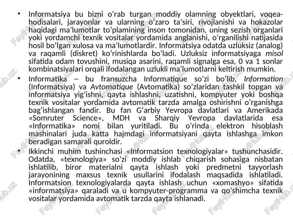 tarzda amalga oshirishni o‘rganishga bag‘ishlangan fandir. bu fan g‘arbiy yevropa davlatlari va amerikada «somruter science», mdh va sharqiy yevropa davlatlarida esa «informatika» nomi bilan yuritiladi. bu o‘rinda elektron hisoblash mashinalari juda katta hajmdagi informatsiyani qayta ishlashga imkon beradigan samarali quroldir. ikkinchi muhim tushinchasi «informatsion texnologiyalar» tushunchasidir. odatda, «texnologiya» so‘zi moddiy ishlab chiqarish sohasiga nisbatan ishlatilib, biror materialni qayta ishlash yoki predmetni tayyorlash jarayonining maxsus texnik usullarini ifodalash maqsadida ishlatiladi. informatsion texnologiyalarda qayta ishlash uchun «xomashyo» sifatida «informatsiya» qaraladi va u kompyuter-programma va qo‘shimcha texnik vositalar yordamida avtomatik tarzda qayta ishlanadi. hozirgi kunga kelib, «informatsion texnologiyalar» informatika fanining ajralmas bir qismi bo‘lib, u inson faoliyatining turli sohalarida uchraydigan informatsiyalarni, apparat-programma vositalari va usullari yordamida qayta ishlash kabi vazifalarni bajarishga mo‘ljallangan. bu ta’rifdan ko‘rinib turibdiki, informatika va informatsion texnologiyalar tushunchalari bir-biriga juda yaqin. informatsion texnologiyalarning asosiy apparat vositasi elektron hisoblash mashinasidir. dunyo bozorida mavjud turli-tuman ehm parklari orasida ibmc (international business machine …