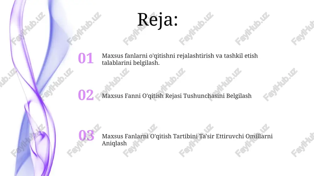 ejalashtirish tushunchasini aniqlash. maxsus fanlarni o'qitishni rejalashtirish va tashkil etish talablarini bayon qilish. resurslarni tanlash va loyihalash ixtisoslashtirilgan fanni o'qitish tashkilotini ta'sir etuvchi omillarni aniqlash. maxsus fanlarni o'qitishni rejalashtirish va tashkil qilish talablarini belgilash. mutaxassislik fanini o'qitishni rejalashtirish tushunchasini belgilash. o'quv maqsadlarini aniqlash maxsus fanni o'qitishni rejalashtirish konsepsiyasini aniqlash maxsus fanlarni rejalashtirish va tashkil etish uchun talablarni belgilash mutaxassis fanlarni o'qitish tashkilotini ta'sir qiluvchi omillarni aniqlash. baholash strategiyasini rejalashtirish maxsus fanlar bo'yicha darslarni rejalashtirish va tashkil qilish talablarini belgilash. ixtisoslashgan fanlarni o'qitish tashkilotini ta'sir ettiradigan omillarni aniqlash. mutaxassislashtirilgan fanni o'qitishni rejalashtirish tushunchasini aniqlash. o'qishni kuzatish va baholash maxsus fanlarni rejalashtirish va tashkil etish uchun talablarni belgilash. maxsus fanni o'qitishni rejalashtirish tushunchasini belgilash mutaxassislik fanlarni o'qitishni tashkil etishga ta'sir etuvchi omillarni aniqlash. o'quvchilar ehtiyojlarini tahlil qilish add text add text add text add text add text add text maxsus fan o'qitish tashkilotini ta'sir etuvchi omillarni aniqlash. maxsus fan o'qitishni rejalashtirish va …