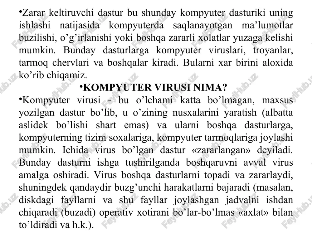 nmaydigan tizimlar yo’qdir. shaxsiy kompyuterlarga viruslar kirib ketishining asosiy yo’li bo’lib zararlangan disketalar xizmat qiladi. viruslar borgan sayin beshafqat va hech narsadan qo’rq­maydigan bo’lib borayapti, hatto eng yetuk viruslarga qarshi dasturlar ham ular bilan kurashishga bahzan ojizlik qilayaptilar. shunday viruslar mavjudki, ular energiyaga bog’liq bo’lmagan xotiraga yashirinib olib, tizimni tozalashda juda katta qiyinchiliklar tug’diradilar. hatto haqiqiy firma belgisiga ega bo’lgan, arxivlangan dastur ham virusdan holi ekanligiga hech kim kafillik bera olmaydi. viruslarni cd-rom disklarning shtampovka jarayonida ham o’rnashganlik hollari mavjuddir. viruslar ko’payishi shartli ravishda 5ta fazaga bo’linishi mumkin: kompyuterga kirib olish; virusning faollashishi; zararlash uchun ob’ektlarni qidirish; virus nusxalarini tayyorlash; virus nusxalarini joylash. xar bir fazani aloxida ta’riflaymiz. kompyuterga kirib olish. viruslar kompyuterga zararlangan fayllar yoki disklarning yuklanish sektori orqali kirib olishi mumkin. kirib olish vaqtida, chervlardan farqi shundaki, ular xech qanday noxushliklarni amalga oshirmaydi. virusning faollashishi. buning uchun zararlangan obhekt ishga tushishi kerak. bu fazada viruslar zarar yetkazishi mumkin …
