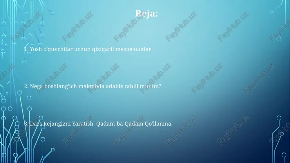 o'sishni baholash matnni tahlil qilish, asosiy elementlarni aniqlash va tushunishni ifodalash uchun yoshga mos strategiyalarga e'tibor bering. boshlang'ich sinf o'quvchilarining o'rganish uslublariga mos keladigan qiziqarli dars rejalarini va materiallarni yarating. o'quvchilarning adabiy tahlil qobiliyatini va rivojlanishini baholash vositalarini ishlab chiqish. e'tiboringiz uchun rahmat @taqdimot_robot image1.png image2.png image3.png image4.png image5.png
