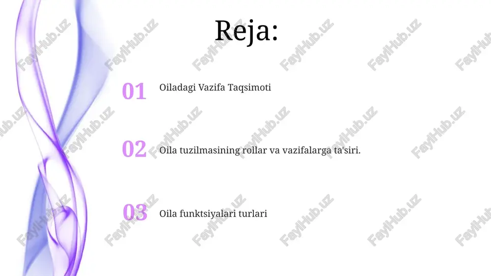 ta'sir qiladi, bu oila ichidagi individual xatti-harakatlar va munosabatlarni shakllantiradi. oila funktsiyalari: qisqacha ma'lumot oiladagi rollar ko'pincha suyuq va shaxsiy kuchli tomonlarga va ehtiyojlarga asoslangan bo'lib, bu vazifalarni bajarishga hissa qo'shadi. oila funktsiyalari - bu oila a'zolarining ehtiyojlarini qondirish uchun bajaradigan vazifa va faoliyatlardir. iqtisodiy faollik iqtisodiy faoliyat: moliyaviy yordam ko'rsatish, resurslarni boshqarish va oilaning iqtisodiy barqarorligini ta'minlash. rol taqsimoti: vazifalarni va mas'uliyatlarni jinsga, yoshga yoki boshqa omillarga qarab taqsimlash. oilaviy dinamika va o'tishlar oila funksiyalari hissiy qo'llab-quvvatlash, ijtimoiylashtirish va iqtisodiy qo'llab-quvvatlash kabi muhim rollarni o'z ichiga oladi. oila ichidagi rol taqsimoti jinsiy farq, yosh va madaniy qoidalarga qarab farqlanishi mumkin, bu esa mas'uliyatlar va qaror qabul qilishga ta'sir qiladi. salomatlik va farovonlik 01 02 oiladagi rol taqsimoti turlicha bo'lib, ota-onalik, g'amxo'rlik va moliyaviy boshqaruv kabi rollar mavjud. oila funktsiyalari hissiy qo'llab-quvvatlash, ijtimoiylashuv va iqtisodiy ta'minotni o'z ichiga oladi. sales 1st qtr 2nd qtr 100 0 sales 1st qtr 2nd …