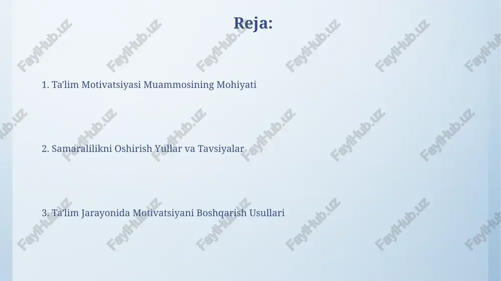 qiladi, bu esa bilimlarni o'zlashtirishni yaxshilaydi. o'quv materiallarining jozibadorligi 70% gacha o'quvchilarning motivatsiyasiga ta'sir ko'rsatadi, shuning uchun interaktiv elementlar va amaliy mashqlarni qo'llash muhim ahamiyatga ega. individual yondashuvning ahamiyati individual yondashuv, o'quvchilarning psixologik xususiyatlari, kognitiv qobiliyatlari va o'rganish uslublarini tahlil qilish orqali, motivatsiya darajasini 30% ga ko'tarish imkonini beradi. individual yondashuv o'quvchilarning 70% gacha bo'lgan qismini o'ziga xos o'rganish uslublarini, kuchli va kuchsiz tomonlarini hisobga olib, ta'lim samaradorligini 25% ga oshirishi mumkin. ta'lim motivatsiyasi muammosi o'quvchilarning 60% dan ortig'i passiv o'rganish uslubiga ega bo'lib, bu esa ta'lim jarayonida motivatsiyani pasayishiga, natijada akademik ko'rsatkichlarning past bo'lishiga olib keladi. ta'lim motivatsiyasi muammosining 30% ga yaqini o'quvchilarning shaxsiy qiziqishlari va ehtiyojlarining e'tiborga olinmasligidan kelib chiqadi, bu esa o'z-o'zini anglash va o'rganishga bo'lgan ichki ehtiyojni pasaytiradi. muvaffaqiyatga erishish hissiyotini shakllantirish muvaffaqiyat hissiyotini shakllantirishda individual yondashuv, o'quvchining kuchli va kuchsiz tomonlarini hisobga olgan holda, 15% ga yuqori natijalarga olib keladi. o'quvchilarning 70% i o'zlarining yutuqlari …