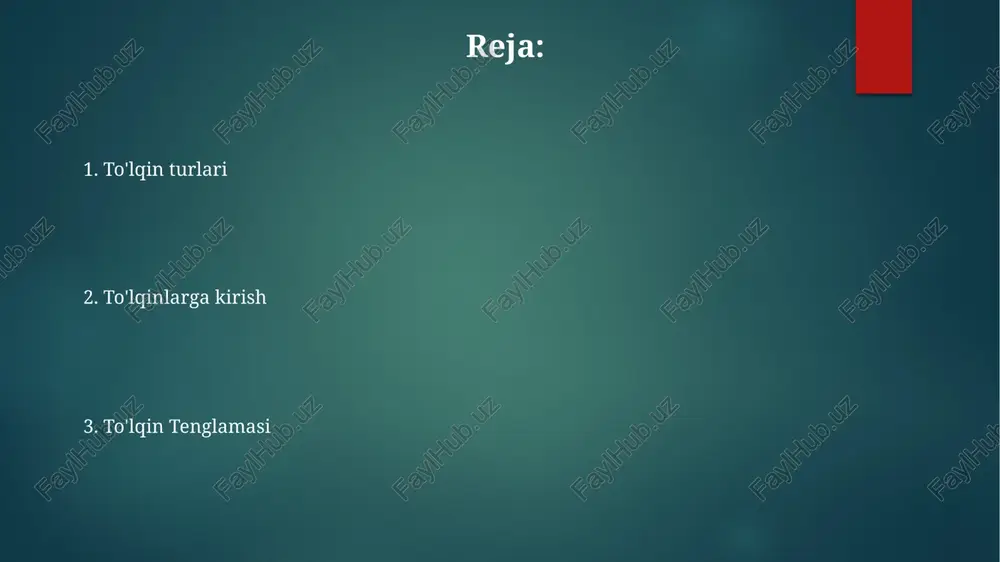 alishini modellashtirish. mayatniklar, buloqlar va tebranuvchi simlar kabi tebranuvchi tizimlarning xulqini bashorat qilish. to'lqin xossalari to'lqinlar: muhit yoki kosmos orqali energiyani uzatadigan, davriy harakatga ega buzilishlar. to'lqin tenglamasi: to'lqin tezligi, to'lqin uzunligi va chastotasini bog'lovchi matematik ifoda. to'lqin xususiyatlari: to'lqinlarning xatti-harakatini, shu jumladan to'lqin uzunligini, chastotani, amplitudani va tezligini tavsiflaydi. to'lqinlarga kirish to'lqinlar energiyani muhit yoki kosmos orqali o'tkazuvchi buzilishlardir. to'lqinlar zarracha harakatining to'lqin tarqalish yo'nalishiga nisbatan yo'nalishiga qarab ko'ndalang yoki bo'ylama sifatida tasniflanadi. to'lqin tenglamasi to'lqinning siljishini vaqt va joyga bog'liq holda ifodalovchi matematik munosabatni tavsiflaydi. to'lqin tenglamasini yechish to'lqin tenglamasini yechish usullari orasida o'zgaruvchilarni ajratish, furye tahlili va sonli usullar mavjud. to'lqin tenglamasi turli fizik tizimlardagi to'lqinlar harakatini tasvirlaydi. to'lqin tenglamasining yechimlari to'lqinning siljishini vaqt va joy funksiyasi sifatida ifodalaydi. to'lqin harakati to'lqinlar: energiyani muhit orqali yoki kosmos bo'ylab uzatuvchi tebranishlar. to'lqin harakati: muhit yoki bo'shliq orqali energiyani moddaning umumiy harakatisiz uzatuvchi buzilishlarning tarqalishi. to'lqin tenglamasi: to'lqin xatti-harakatining …