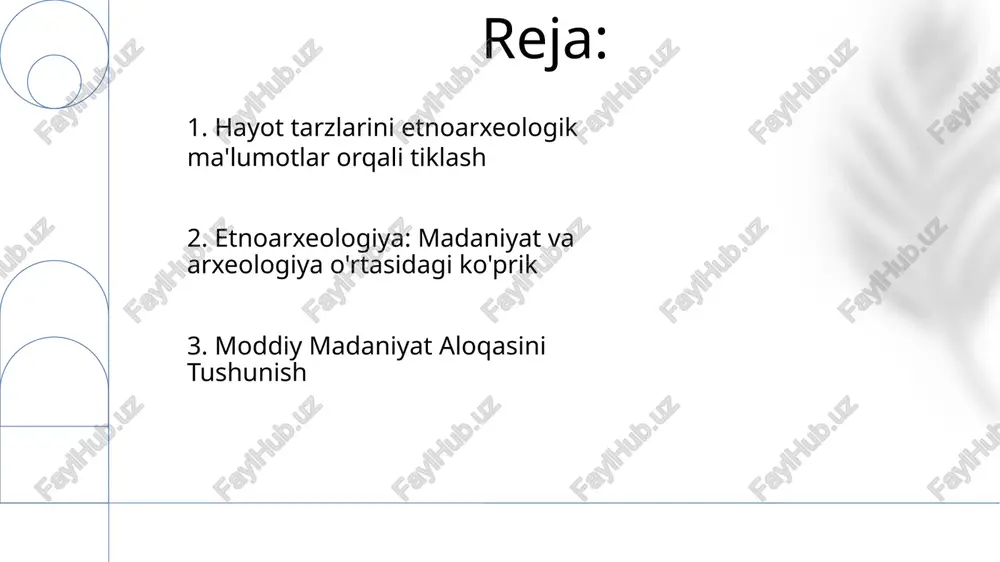 omillarni aniqlash. 4. etnoarxeologiyani qo'llash etnoarxeologik tadqiqotlar arxeologik topilmalarni talqin qilish uchun zamonaviy odamlarning moddiy madaniyatini, texnologiyalarini va amaliyotlarini kuzatadi. etnooarxeologiya o'tmishdagi jamiyatlarni tushunish uchun tirik madaniyatlarni o'rganadi, arxeologiya va antropologiya o'rtasidagi bo'shliqni to'ldiradi. bu usul o'tmishdagi aholi turmush tarziga, ijtimoiy tuzilmalariga va iqtisodiy strategiyasiga tushuncha beradi, bu qadimgi tsivilizatsiyalar haqidagi bilimlarimizni boyitadi. 5. etnoarxeologiya va arxeologik tadqiqotlarning kelajagi etnografik analogiya: hozirgi madaniyatlar haqida bilimni o'tmishdagi arxeologik topilmalarni talqin qilishda qo'llash. istirokchi kuzatish: o'rganilyotgan odamlar bilan birga yashash va ularning tajribasidan saboq olish. eksperimental arxeologiya: qadimgi texnologiyalar va faoliyatlarni ularning funksionalligini tushunish uchun takrorlash. 6. etnoarxeologiya usullari etnoarxeologlar arxeologik yozuvlarni tushunish uchun odamlar moddiy madaniyatni qanday qilib yaratadi, ishlatadi va tashlaydi, shu bilan bog'liq kuzatuvlarni amalga oshiradilar. etnoarxeologiya o'tmishdagi xalqlarning qanday yashaganligini tushunish uchun tirik madaniyatlarni o'rganadi. arxeologik qoldiqlarni talqin qilish uchun etnografik ma'lumotlardan foydalanadi va o'tmishdagi hayot tarzini tiklaydi. 7. etnoarxeologiya: ta'rif va kelib chiqishi e'tiboringiz uchun rahmat @taqdimot_robot …