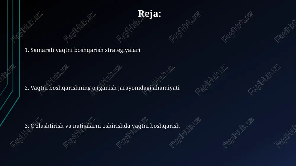 irishga yordam beradi. tarqatish va konsentratsiya o‘qish jarayonida 3 ta asosiy vazifani belgilash va ularni bajarish uchun aniq vaqt ajratish, ko‘p vazifani bajarishga urinish o‘rniga, samaradorlikni sezilarli darajada oshiradi. vaqtni samarali taqsimlash, masalan, 25 daqiqali pomodoro texnikasini qo‘llash orqali, konsentratsiyani oshirishga va chalg’ituvchi omillarni kamaytirishga yordam beradi. vaqtni boshqarishning ahamiyati vaqtni samarali boshqarish o'quv jarayonida 20-30% ga ko'proq ma'lumotni o'zlashtirishga va akademik natijalarni 15% ga yaxshilashga yordam beradi. o'qish, topshiriqlar va dam olish vaqtiga ajratilgan muvozanatli taqsimot akademik stressni 30% ga kamaytiradi va umumiy samaradorlikni oshiradi. ustuvor vazifalarni aniqlash har kuni bajarishingiz kerak bo'lgan 3 ta eng muhim vazifani aniqlab, ularga diqqatni jamlash orqali, katta miqdordagi vazifalar oldida chalkashmaslikka erishishingiz mumkin. vazifalaringizni kichik, boshqariladigan qismlarga (masalan, 25 daqiqalik pomodoro texnikasi) bo'lib, har bir qism uchun aniq vaqt chegarasi belgilash orqali stressni kamaytiradi. muvaffaqiyatli natijalarga erishish rejalashtirish va vazifalarni bajarish bo'yicha 5 bosqichli tizimni qo'llash orqali, maqsadlaringizga 20% kamroq vaqt sarflab, …